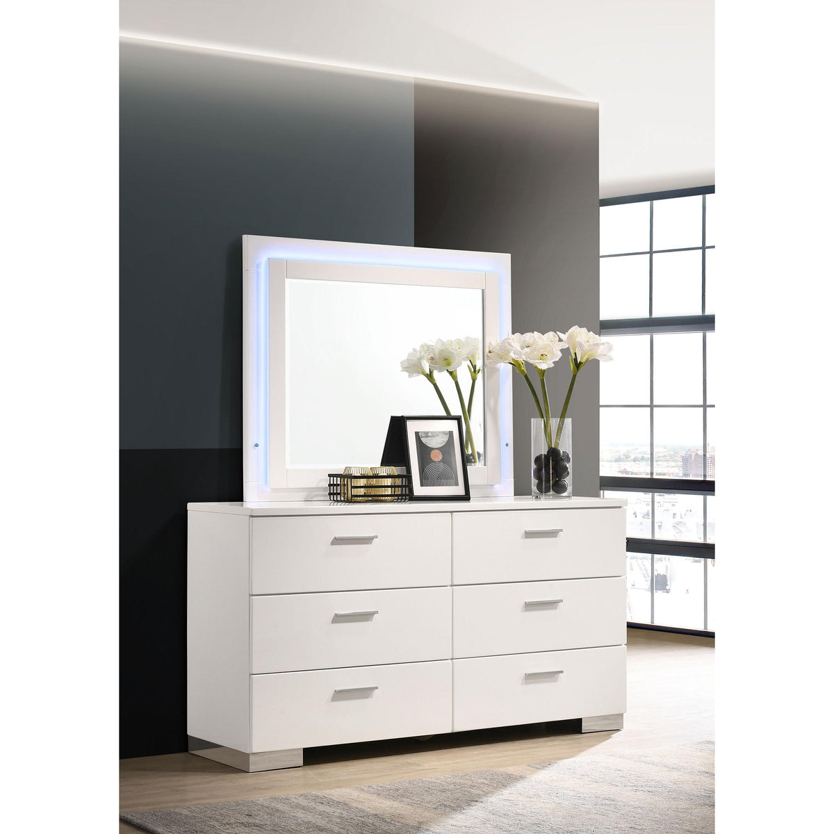 Coaster Furniture Felicity 203503ML 6-Drawer Dresser with LED Mirror - White High Gloss IMAGE 2