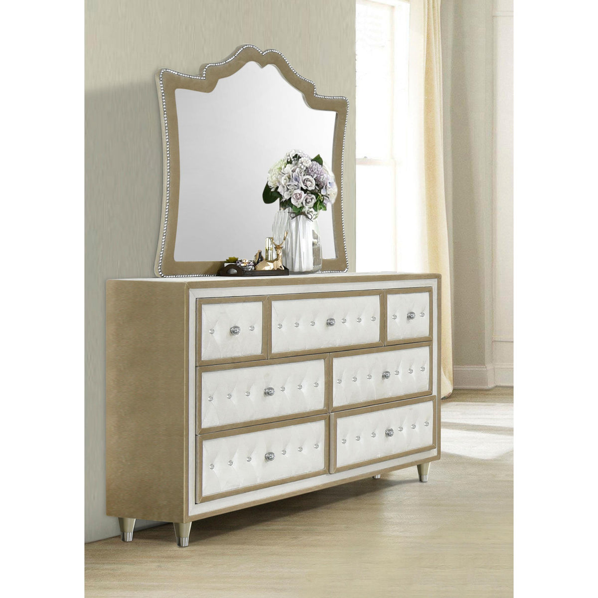 Coaster Furniture Antonella 223523M 7-Drawer Upholstered Dresser with Mirror - Ivory IMAGE 2