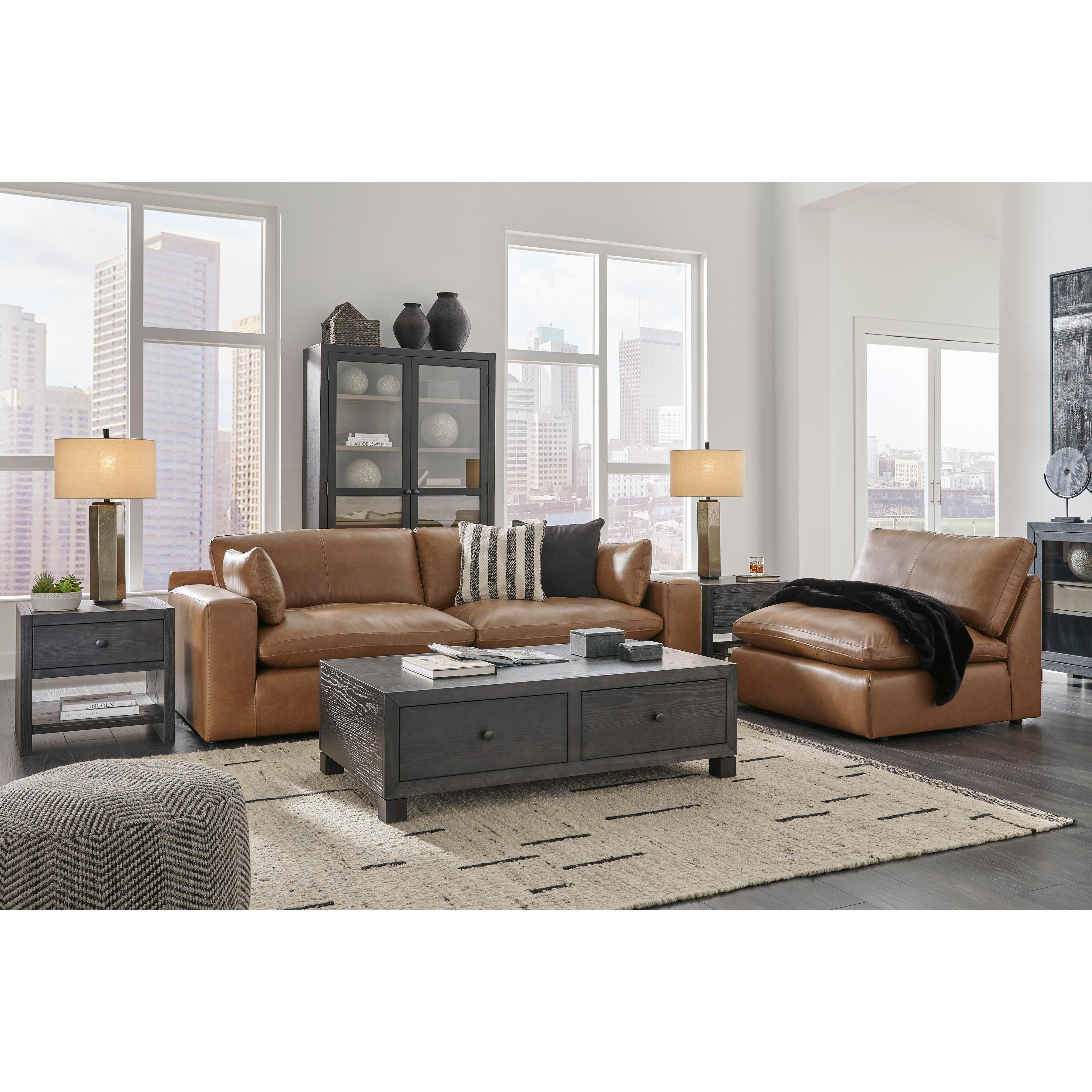  Manufacturer Color_Caramel --  Signature Design by Ashley Emilia Stationary Leather Match Loveseat IMAGE 4