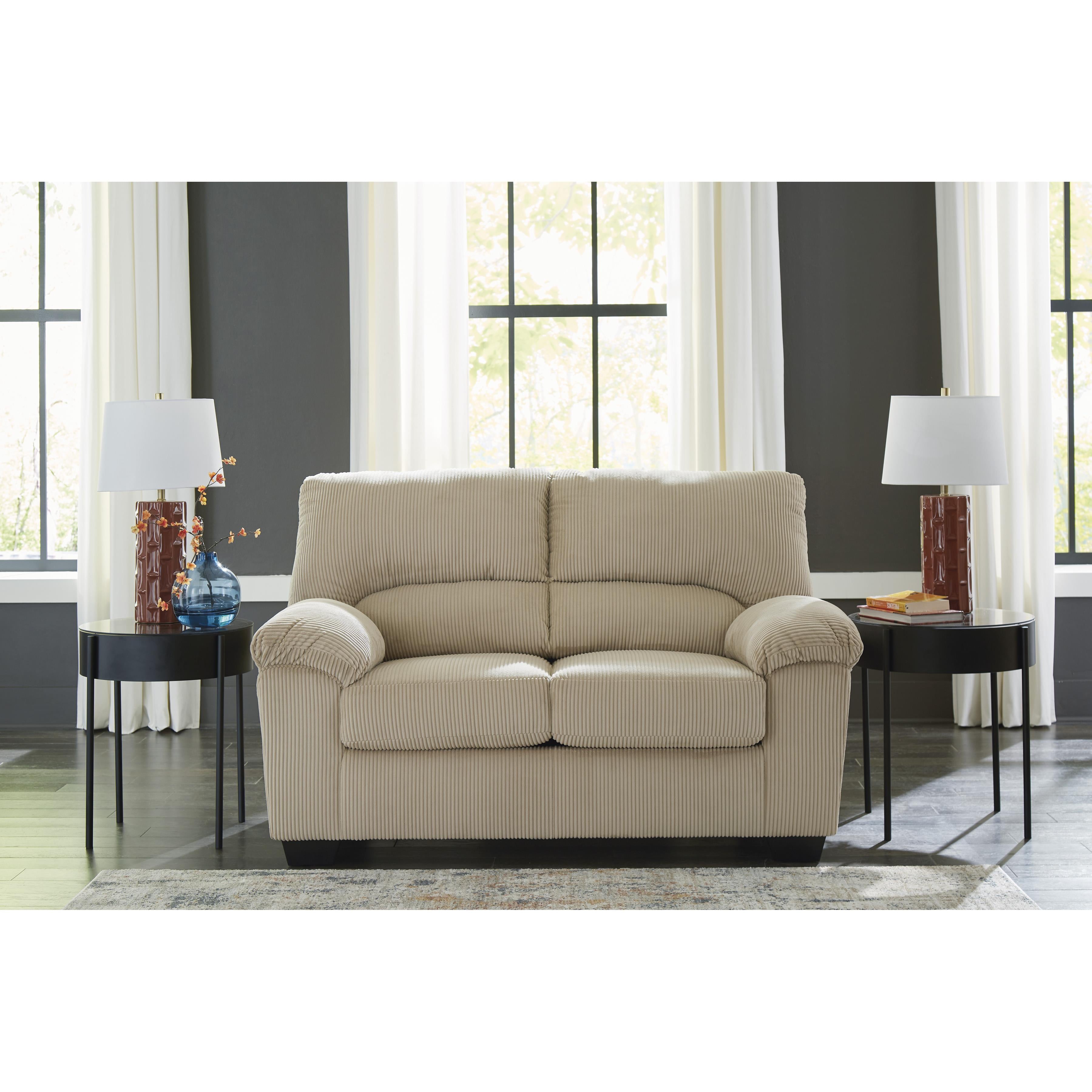  Manufacturer Color_Sand --  Signature Design by Ashley SimpleJoy Stationary Fabric Loveseat IMAGE 5