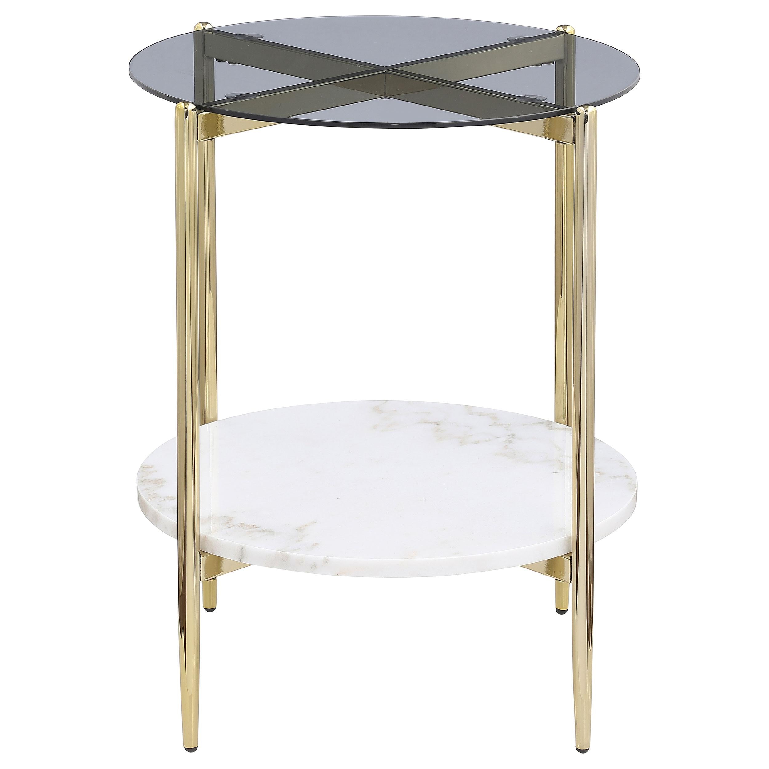  Coaster Furniture Jonelle 710337 Round Glass Top End Table - White Marble Shelf Gold IMAGE 3