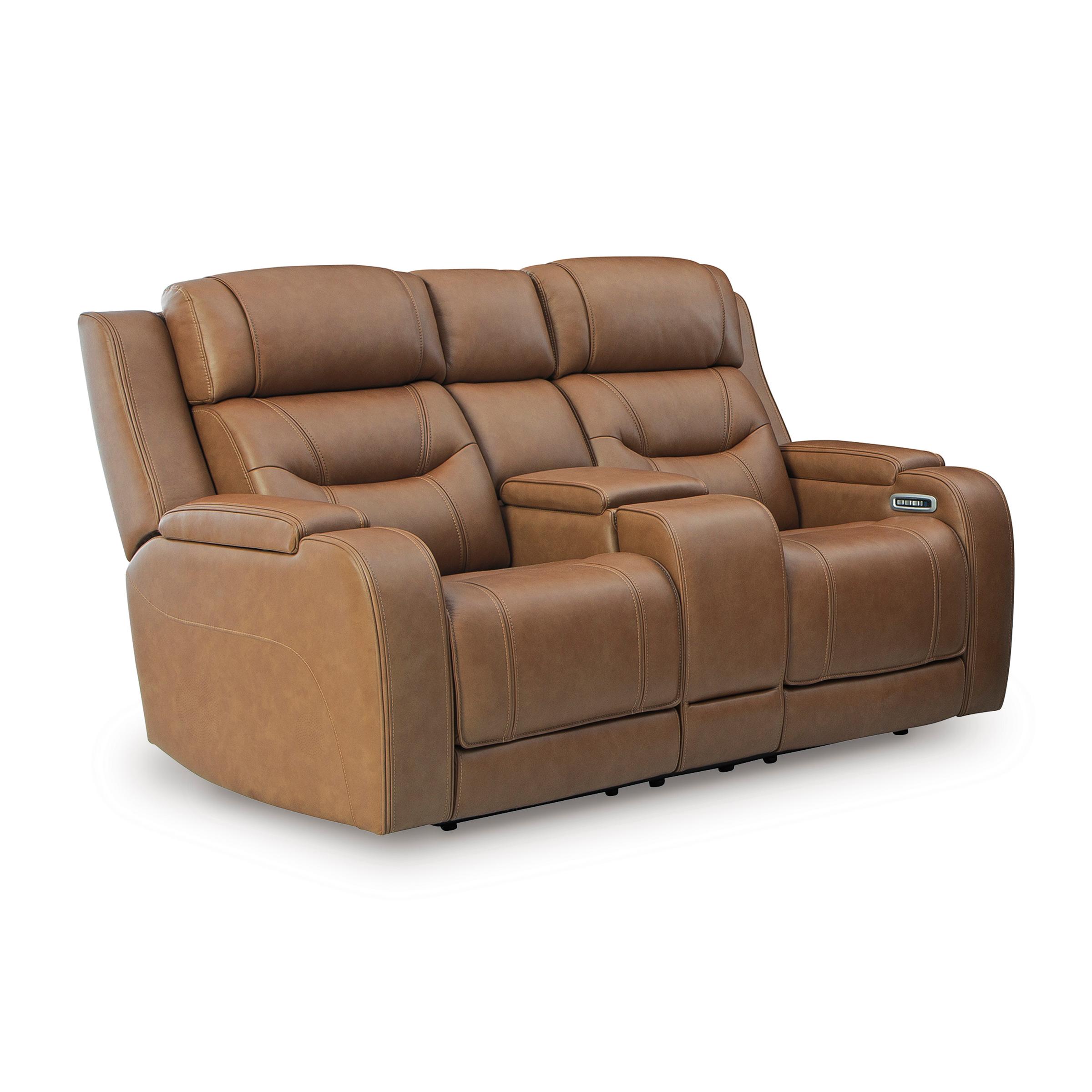  Manufacturer Color_Caramel --  Signature Design by Ashley Knightington Power Reclining Leather Match Loveseat with Console IMAGE 1