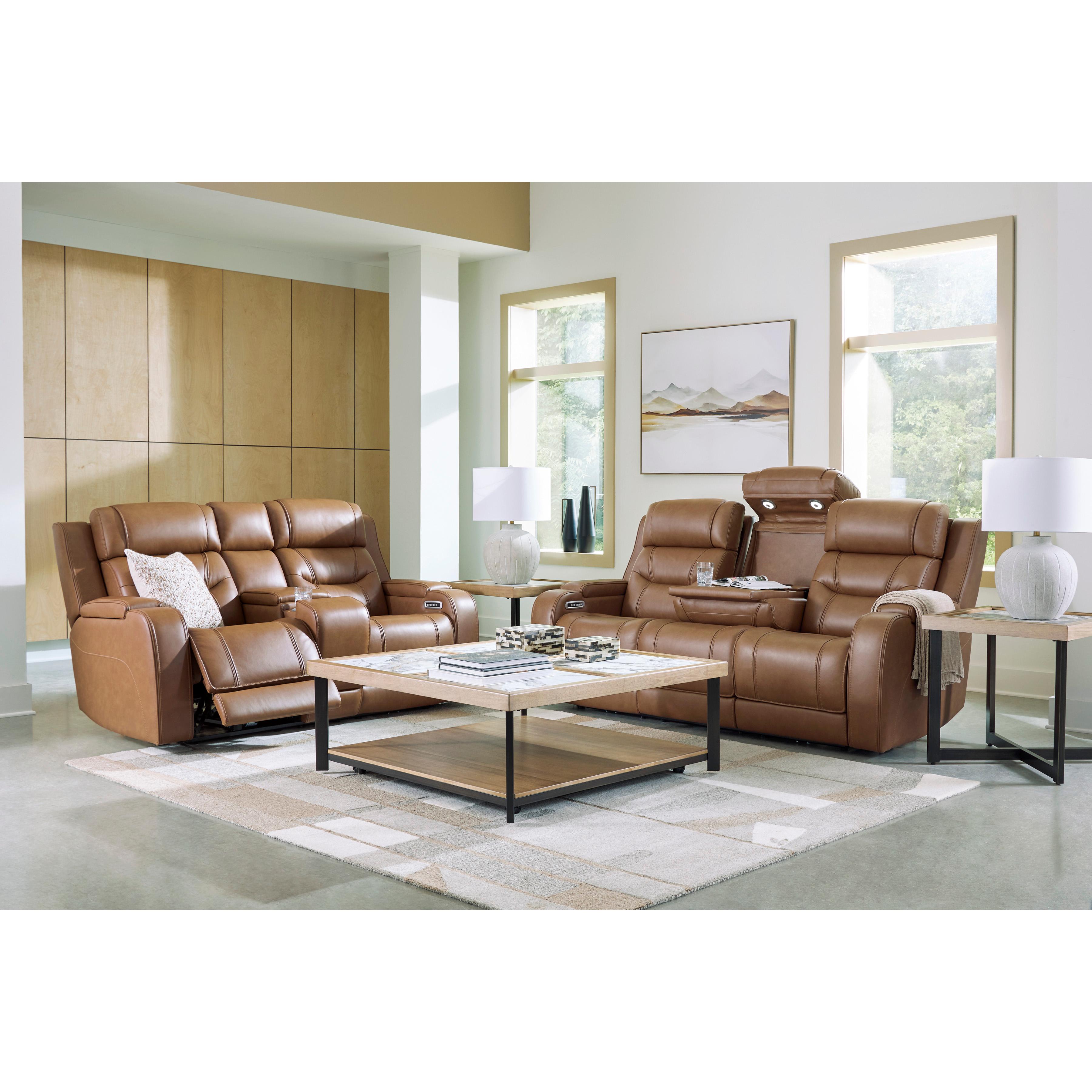  Manufacturer Color_Caramel --  Signature Design by Ashley Knightington Power Reclining Leather Match Loveseat with Console IMAGE 17