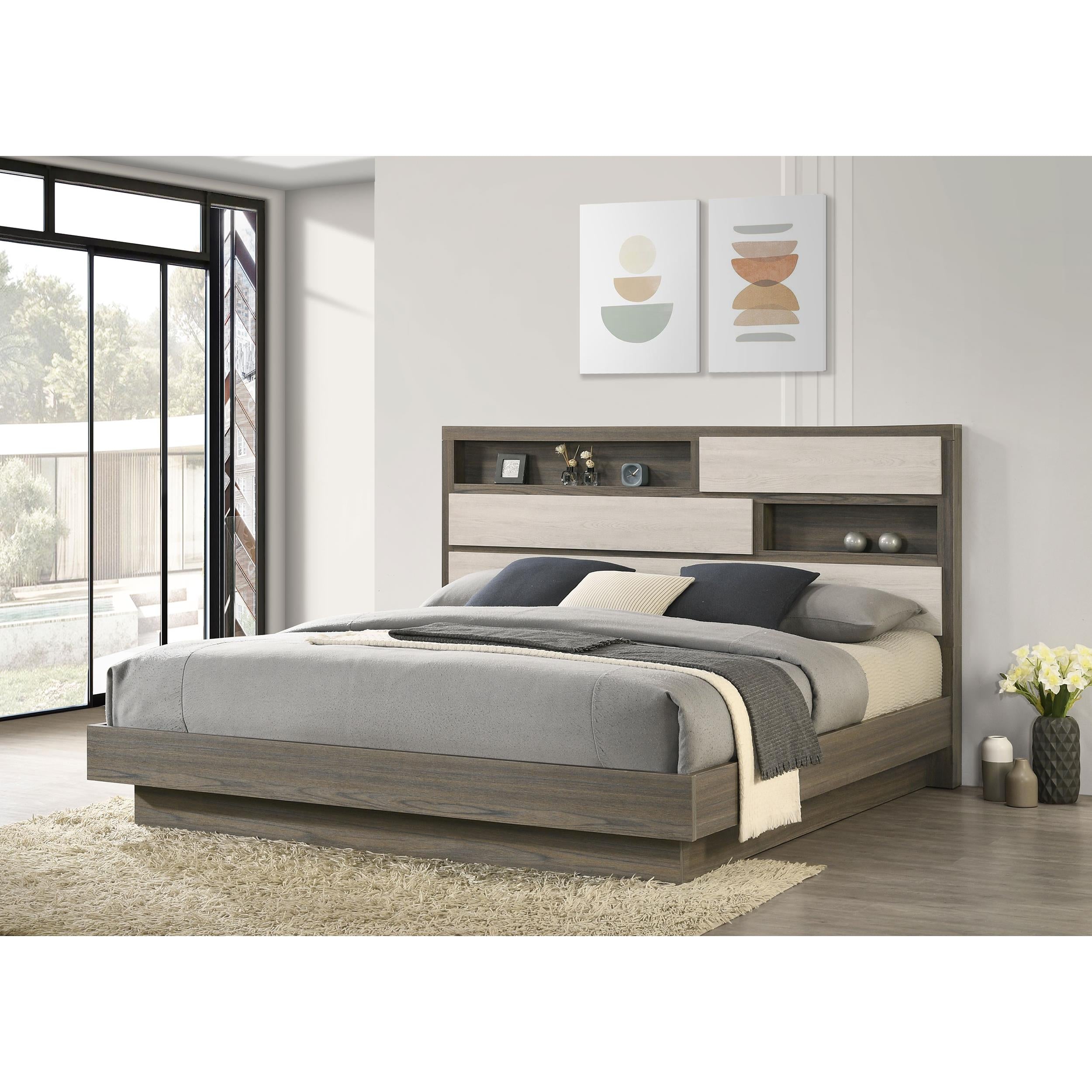  Size_King --  Fenwick 224981KE Eastern King Bed Bookcase Headboard - Grey Oak IMAGE 6