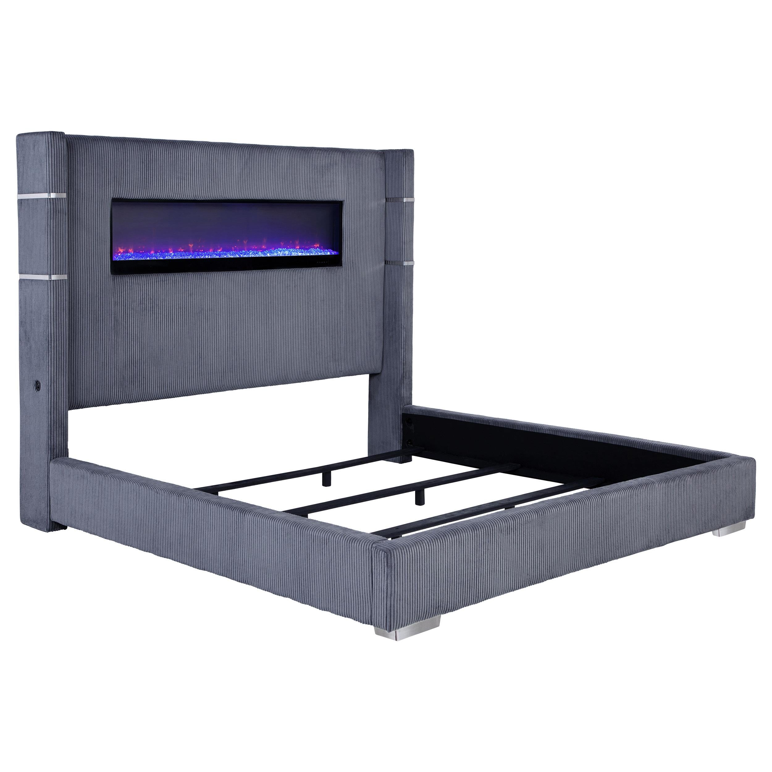  Size_King --  Tisdall 306030KE Upholstered Eastern King Flame Visualizer Bed - Grey IMAGE 1