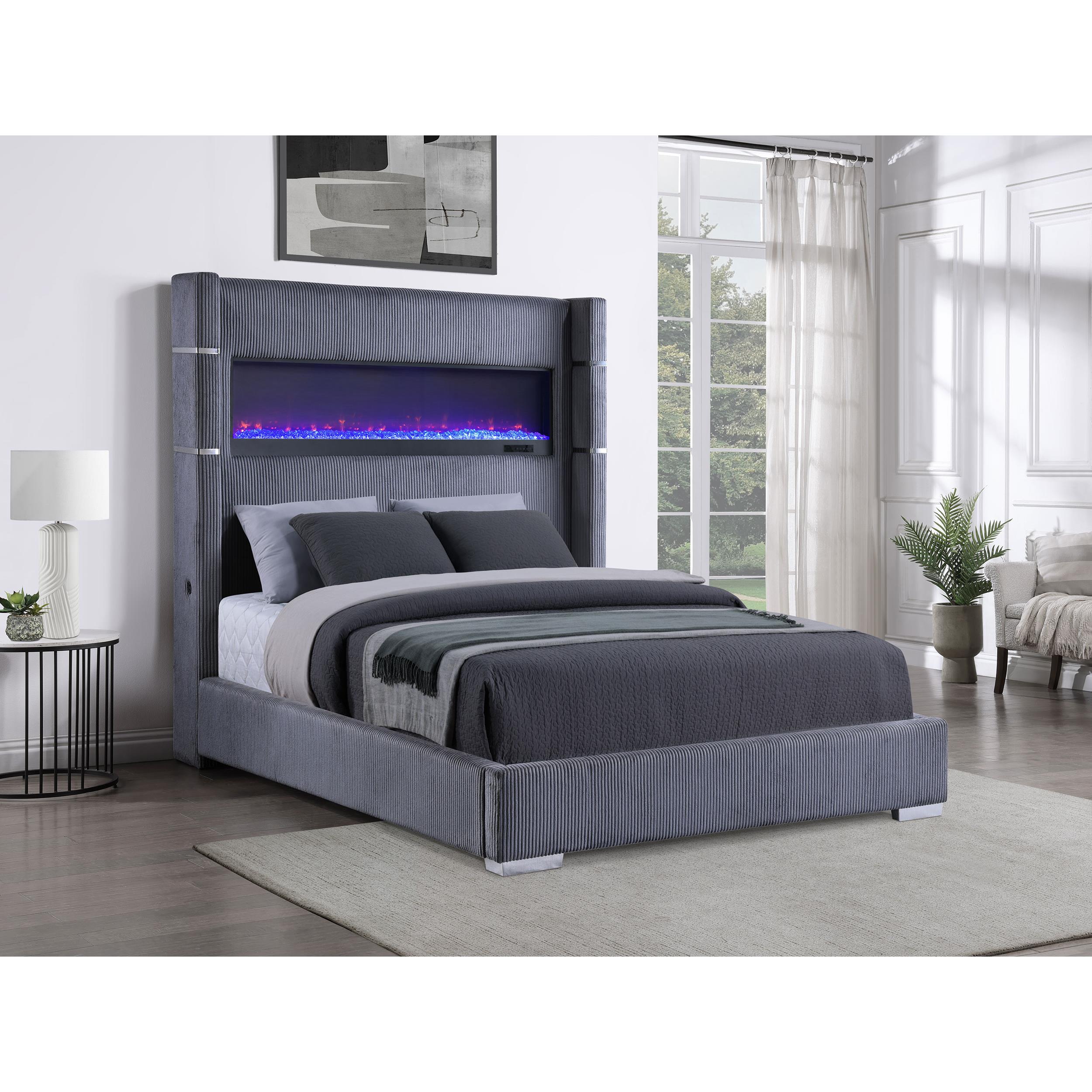  Size_California King --  Tisdall 306030KW Upholstered Cal King Flame Visualizer Bed - Grey IMAGE 4