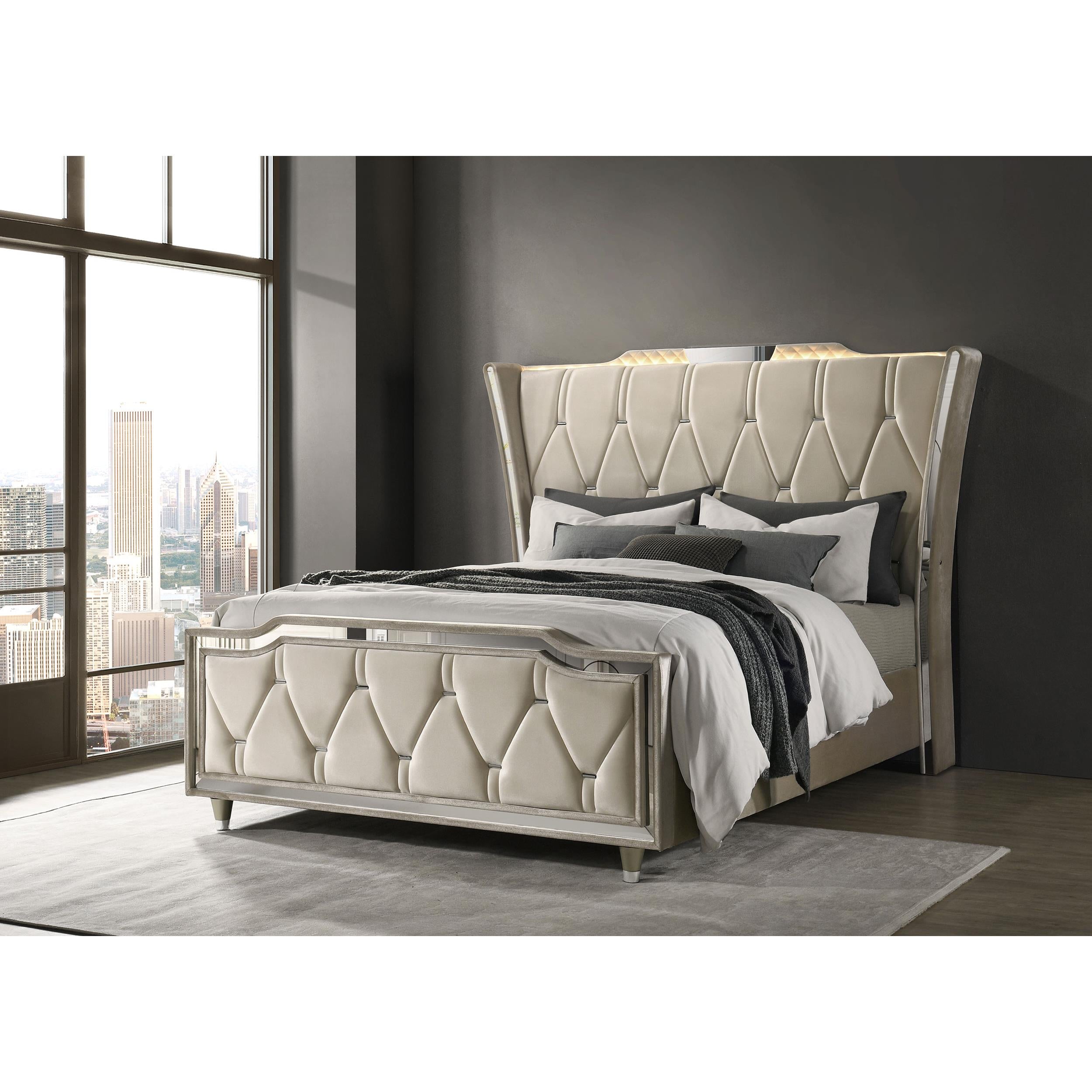  Coaster Furniture Lorient 222661Q Queen LED Upholstered Wingback Bed - Ivory/Camel IMAGE 4