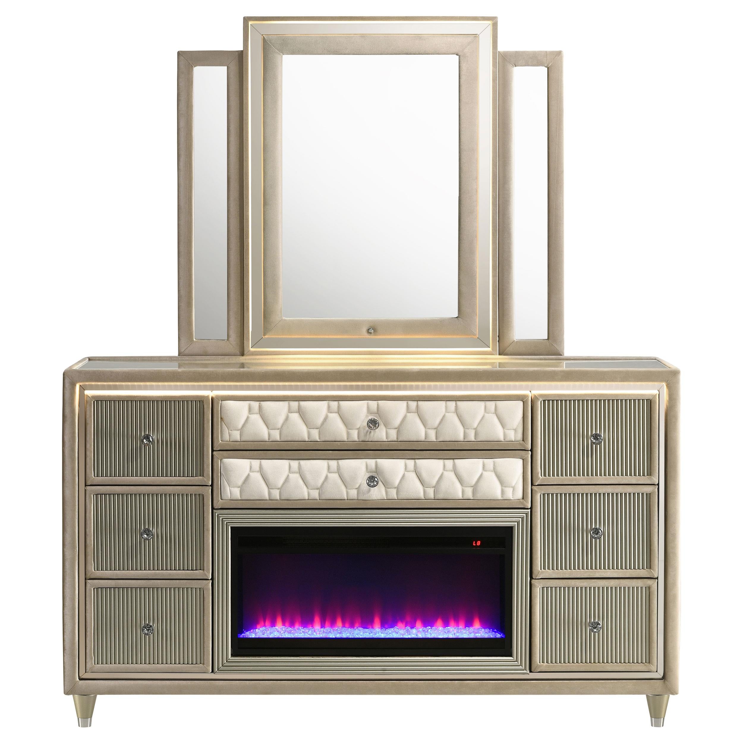  Coaster Furniture Lorient 222663FBM 8-drawer LED Flame Box Dresser and Mirror - Ivory Camel IMAGE 6