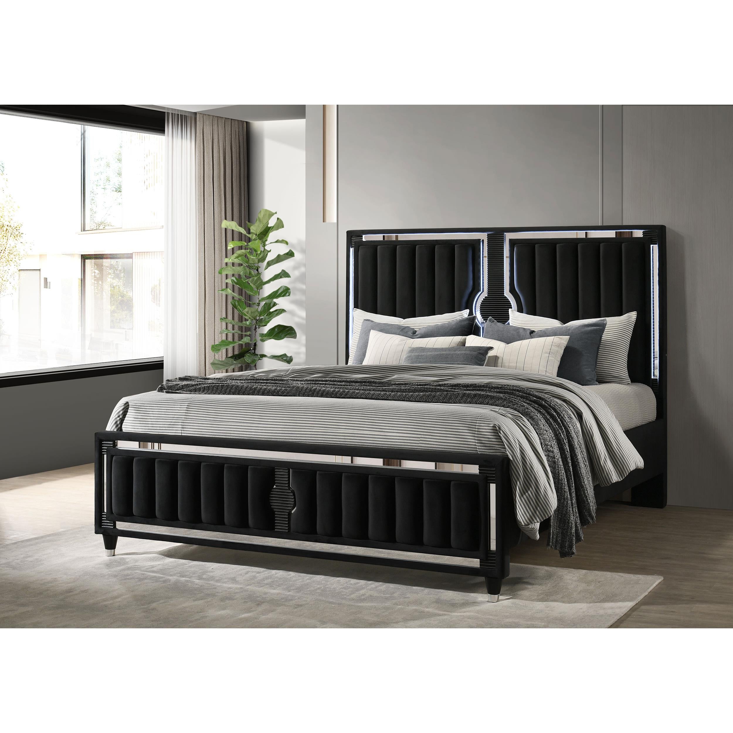  Coaster Furniture Ravenne 223191KW Velvet Upholstered California King LED Panel Bed - Black IMAGE 4