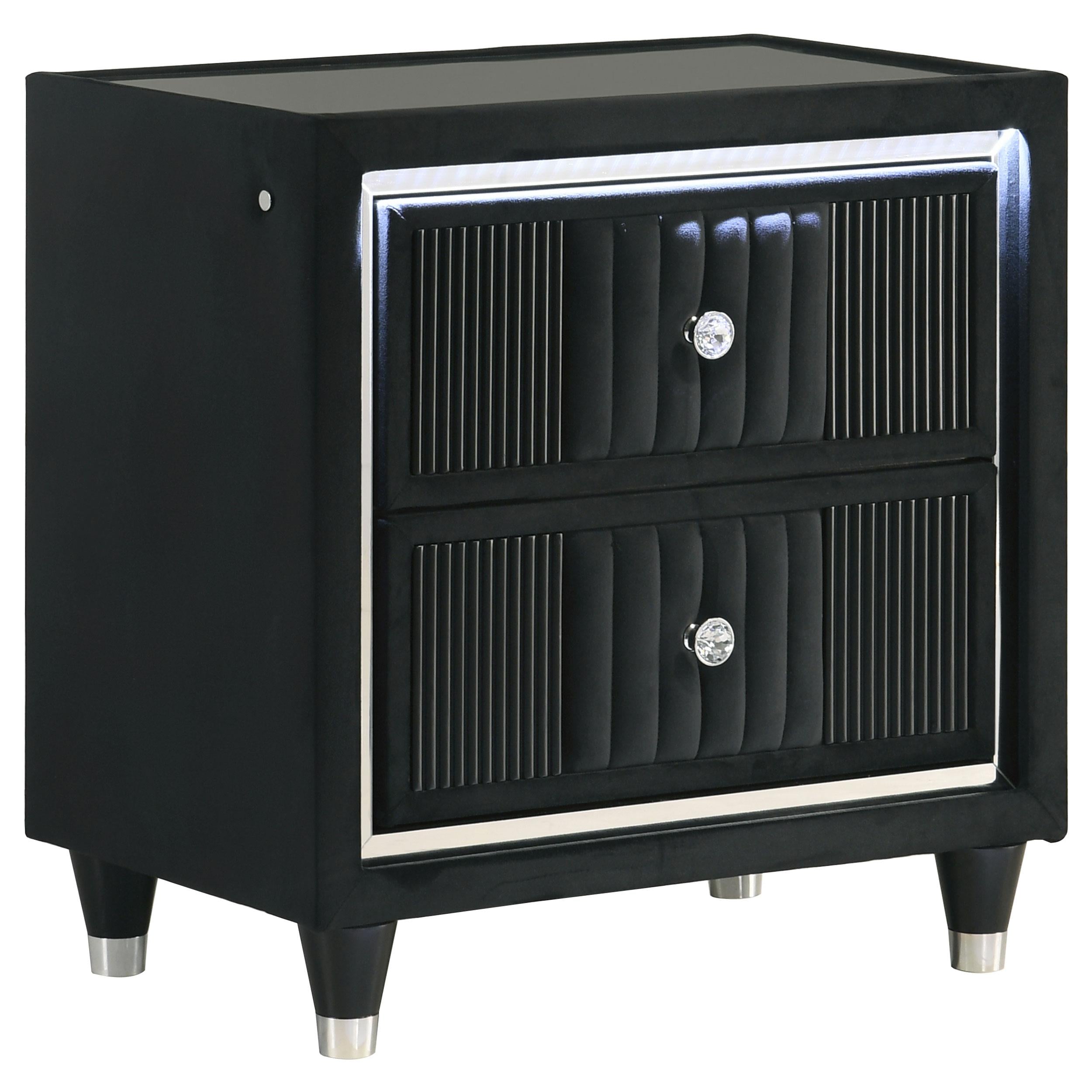  Coaster Furniture Ravenne 223192 2-drawer Velvet Upholstered LED Nightstand with USB - Black IMAGE 1