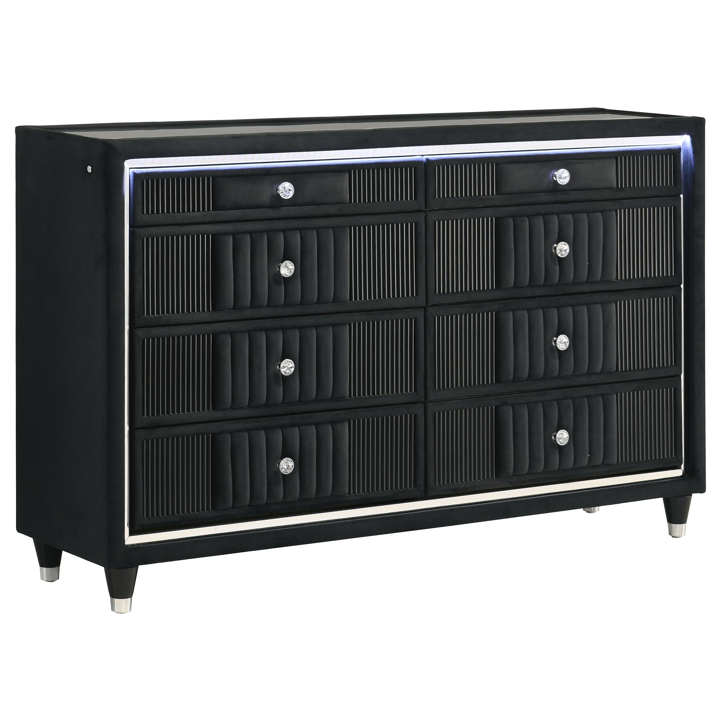  Coaster Furniture Ravenne 223193 8-drawer Velvet Upholstered LED Dresser Cabinet - Black IMAGE 1