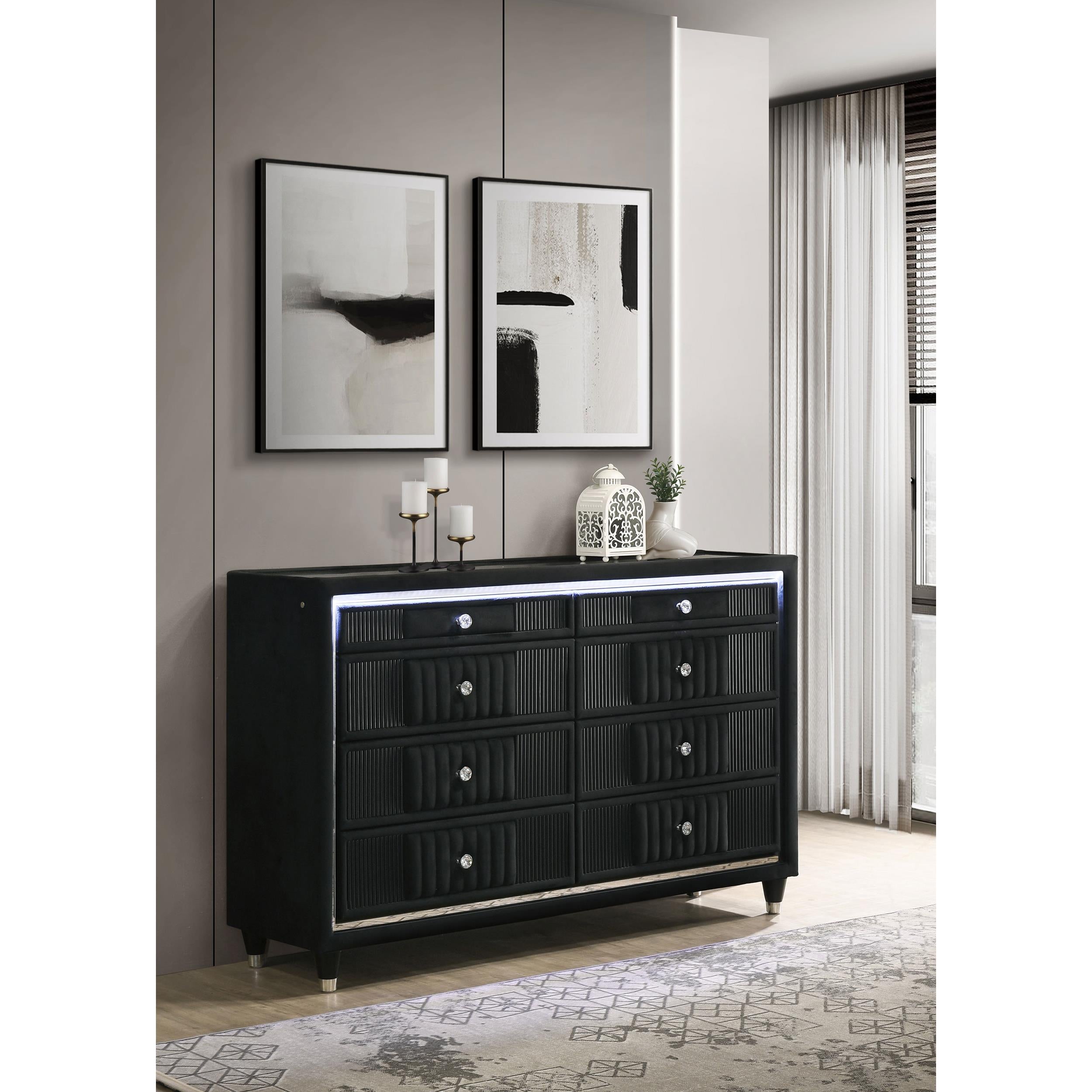  Coaster Furniture Ravenne 223193 8-drawer Velvet Upholstered LED Dresser Cabinet - Black IMAGE 5
