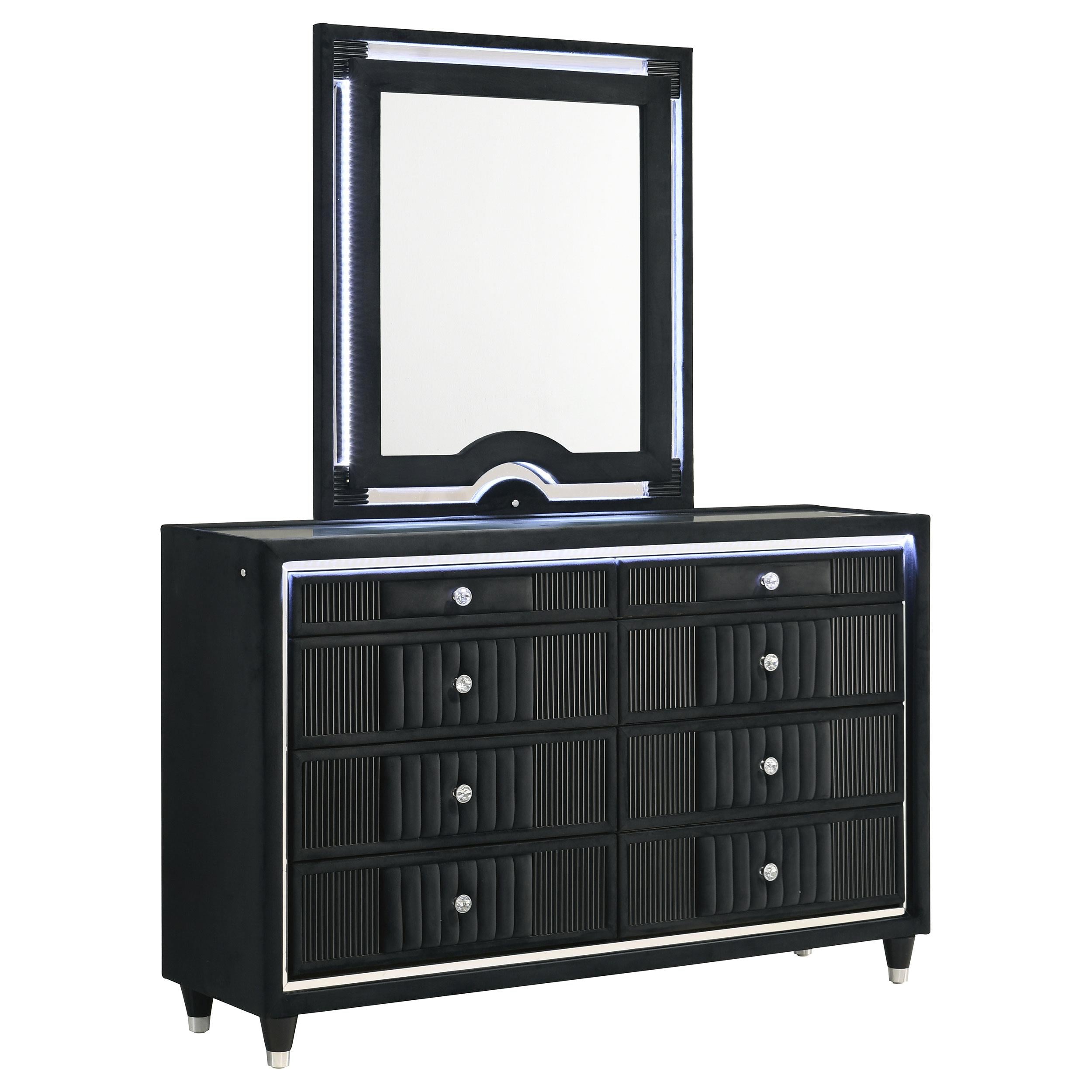  Coaster Furniture Ravenne 223193M 8-drawer Velvet Upholstered LED Dresser and Mirror - Black IMAGE 1