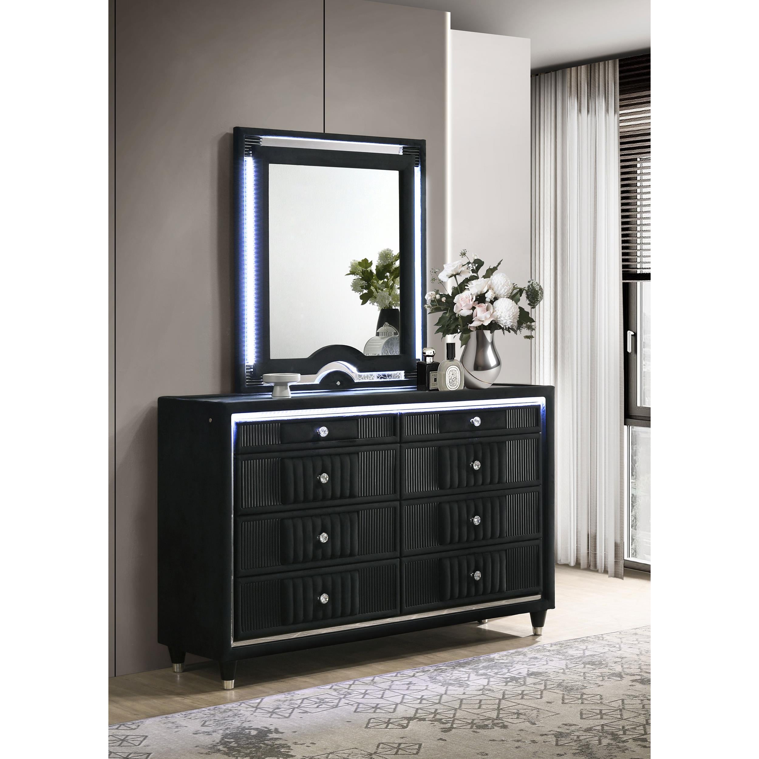  Coaster Furniture Ravenne 223193M 8-drawer Velvet Upholstered LED Dresser and Mirror - Black IMAGE 5