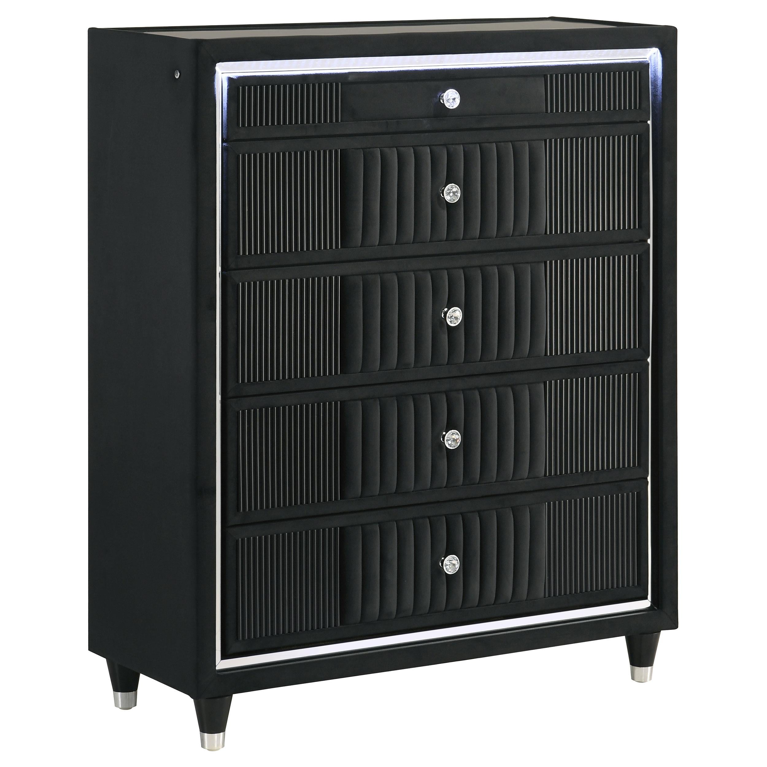  Coaster Furniture Ravenne 223195 5-drawer Velvet Upholstered LED Chest - Black IMAGE 1