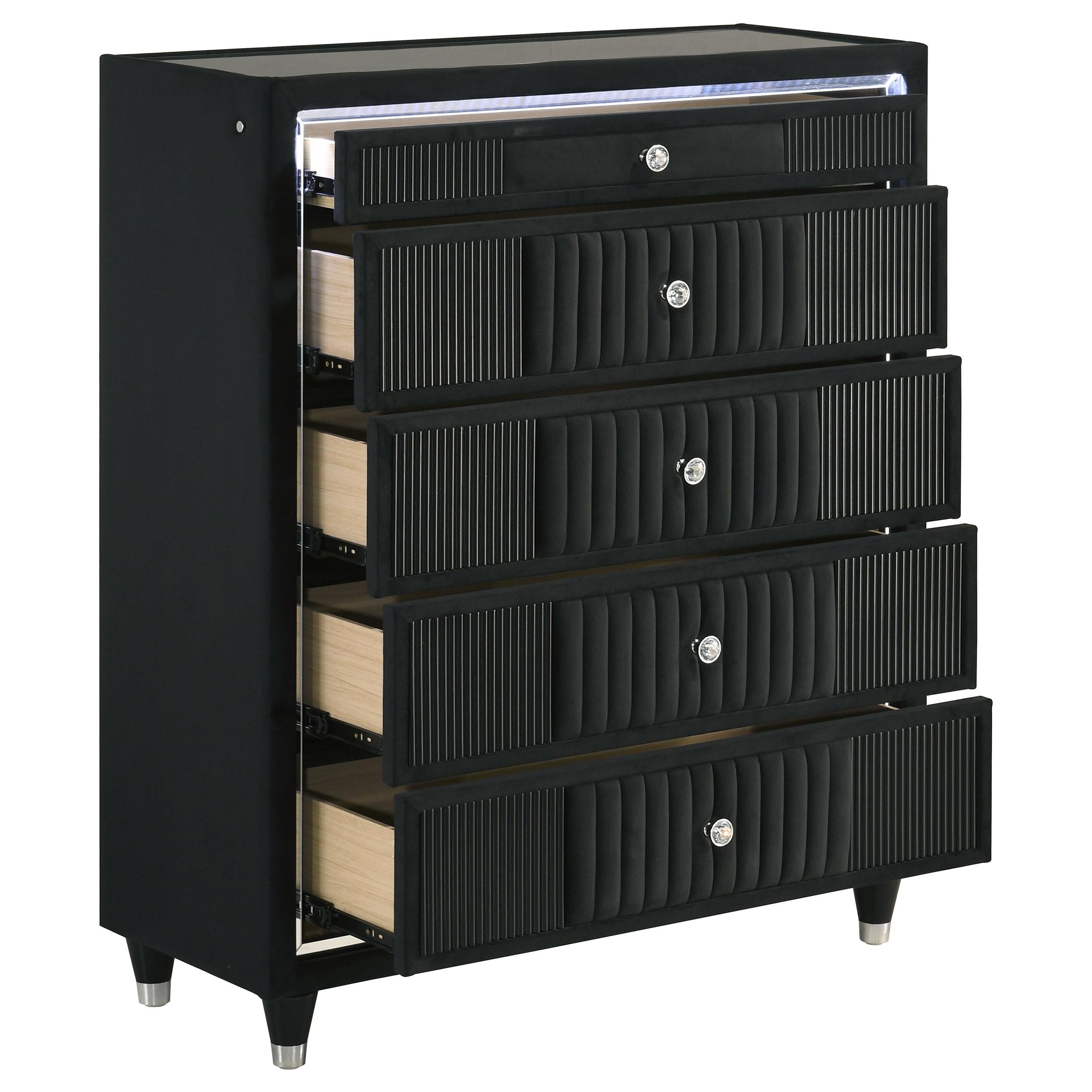  Coaster Furniture Ravenne 223195 5-drawer Velvet Upholstered LED Chest - Black IMAGE 15