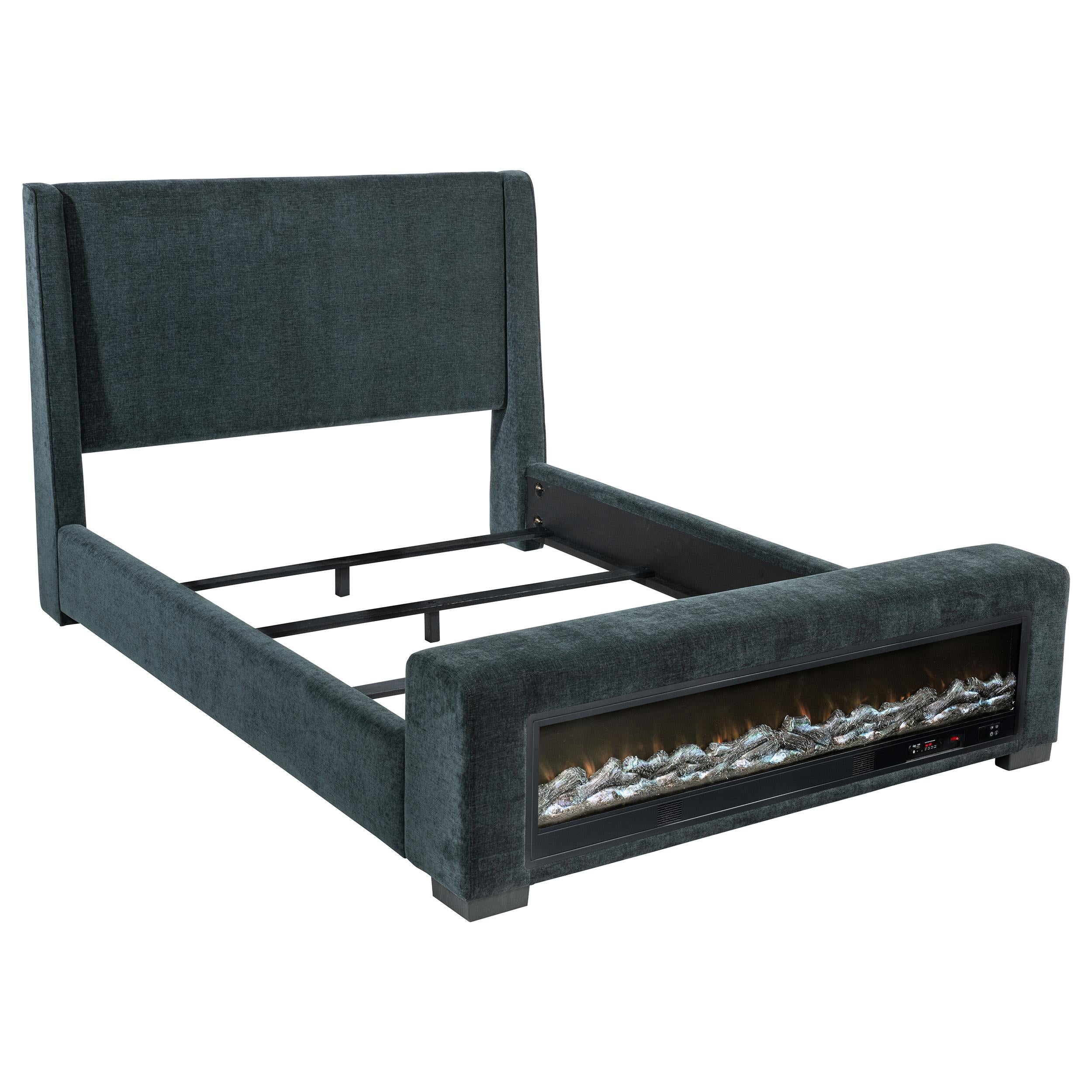  Coaster Furniture Preston 305821KE Upholstered Eastern King Audio Flame Visualizer Bed - Dark Blue IMAGE 1