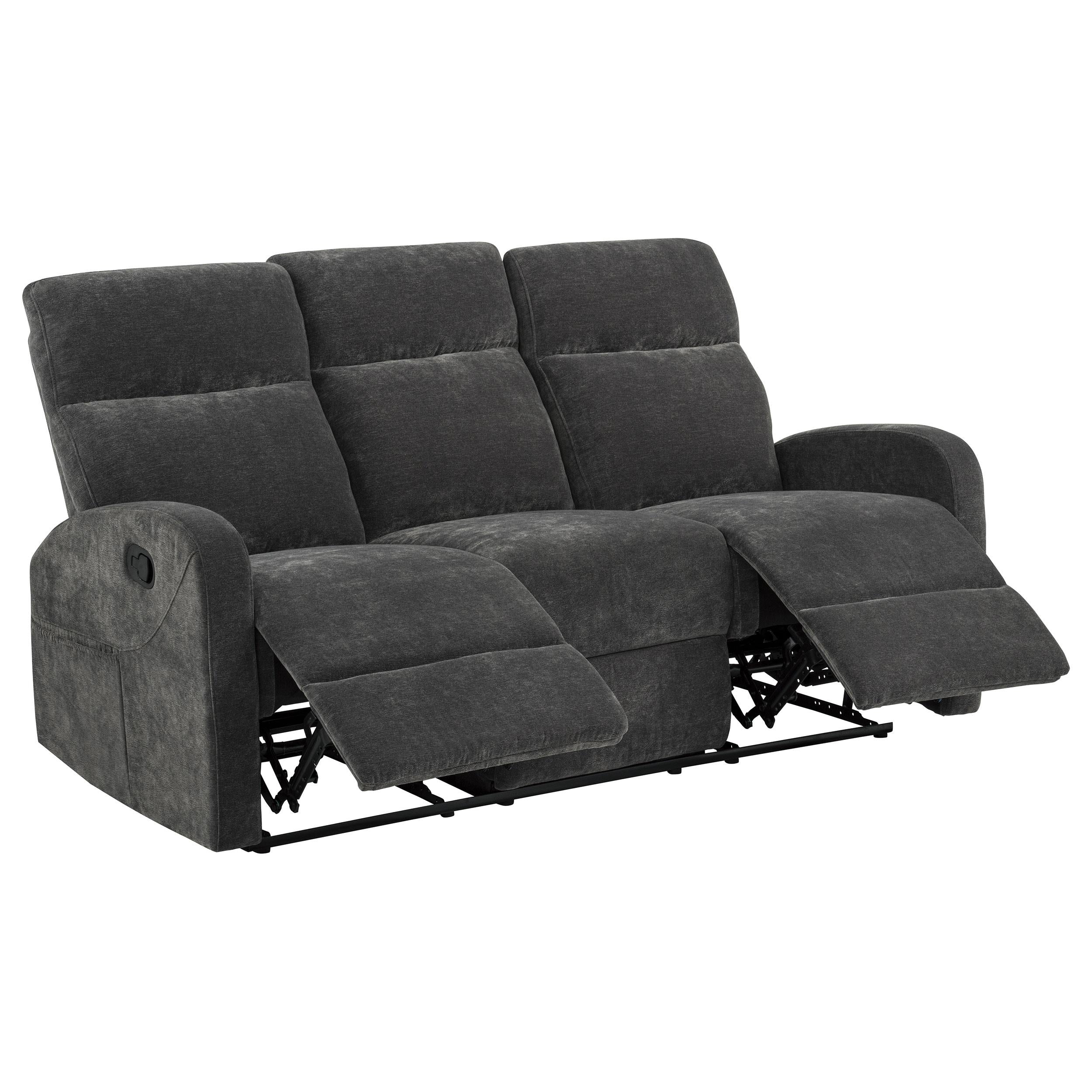  Coaster Furniture Hamilton 603374 Chenille Upholstered Manual Reclining Sofa - Charcoal Grey IMAGE 3