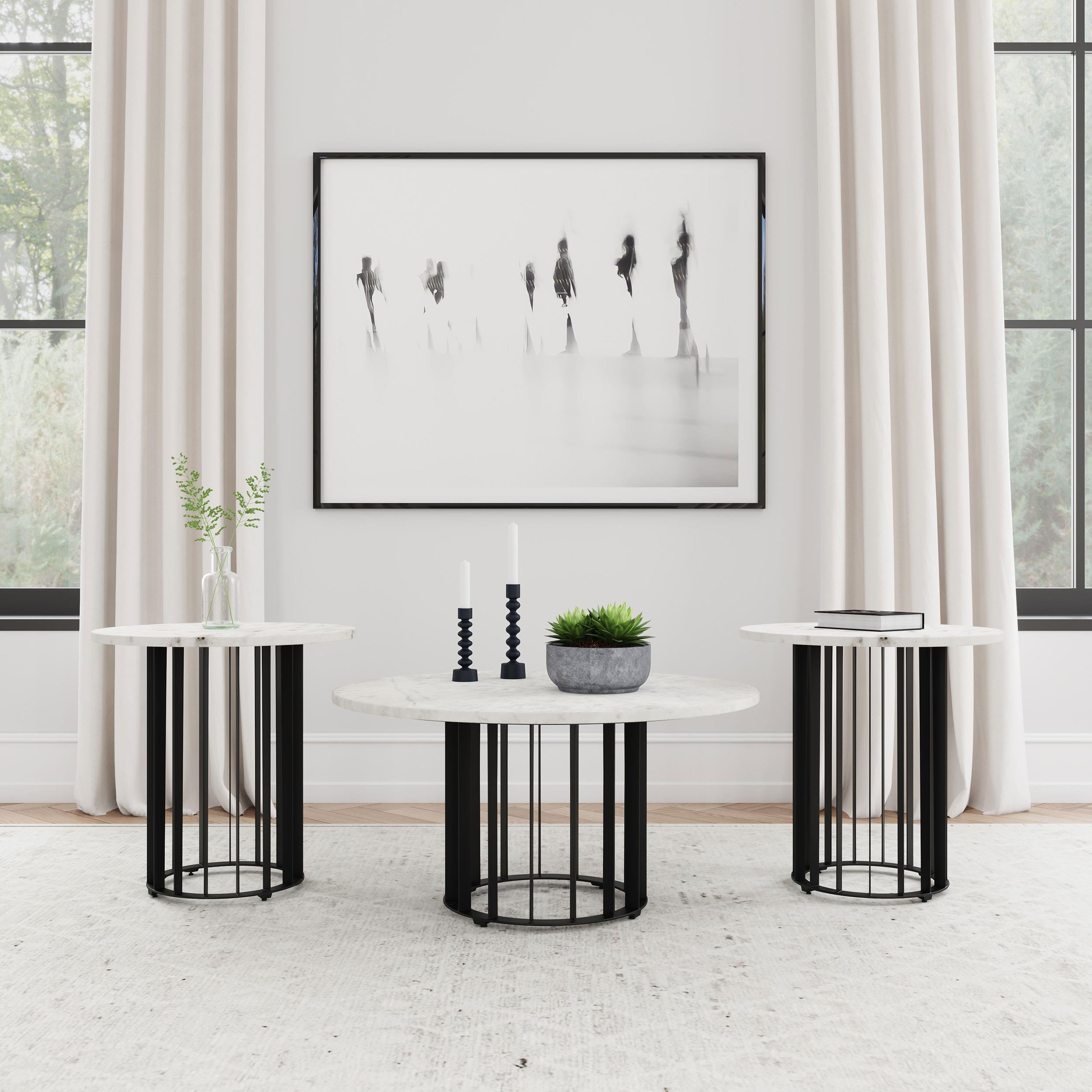  Coaster Furniture Haven 706208-S3 3-piece Round Marble Coffee and End Table Set - Black IMAGE 2