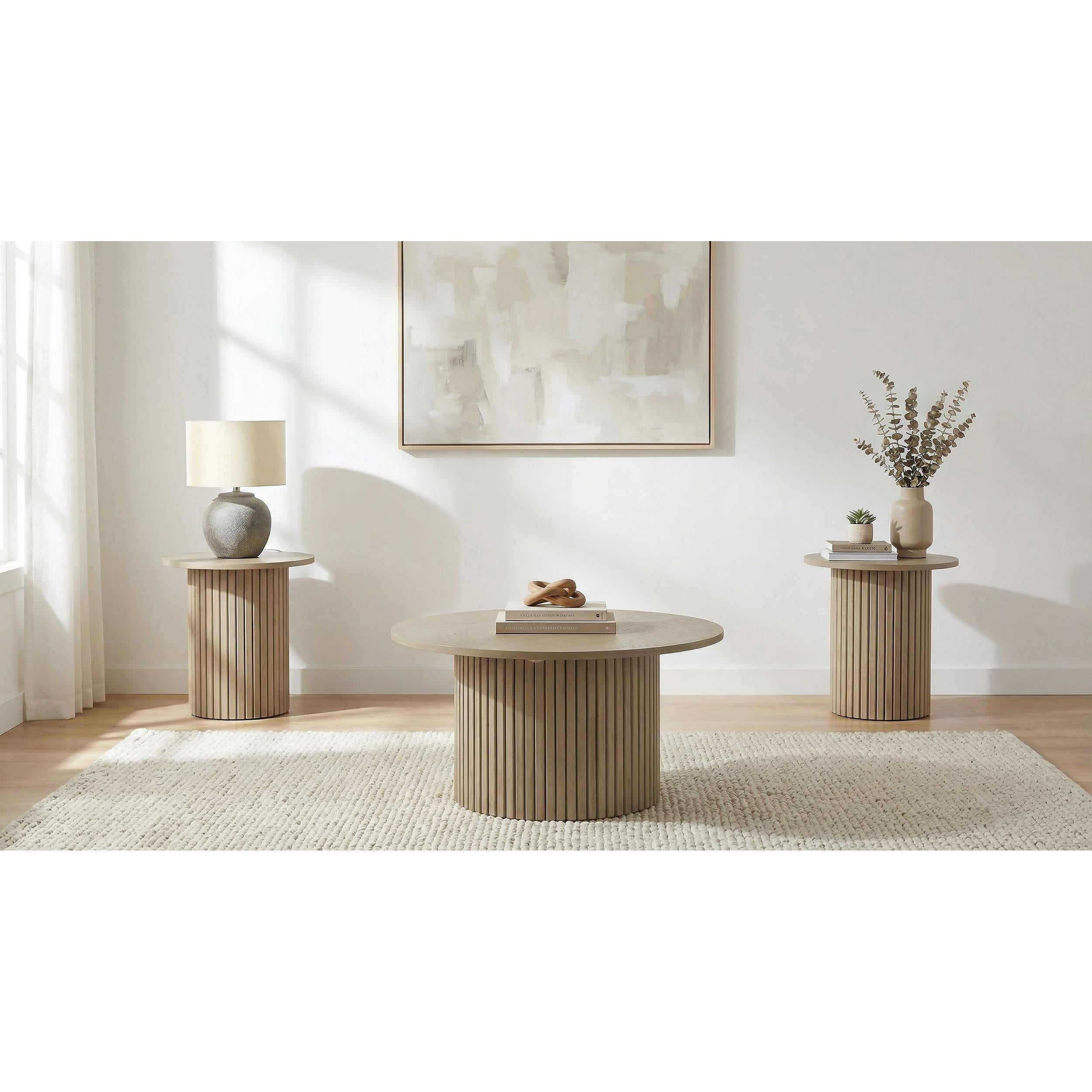  Coaster Furniture Hamlyn 706498-S3 3-piece Round Fluted Coffee and End Table Set - Natural Oak IMAGE 2