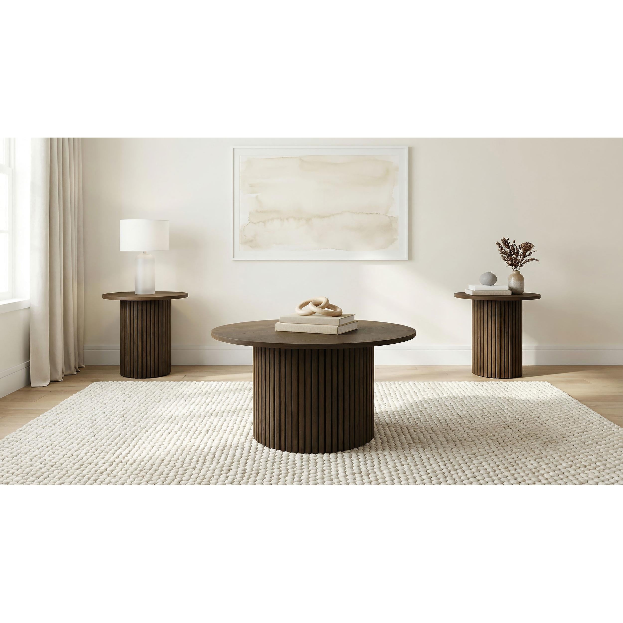  Coaster Furniture Hamlyn 706518-S3 3-piece Round Fluted Coffee and End Table Set - Walnut IMAGE 2