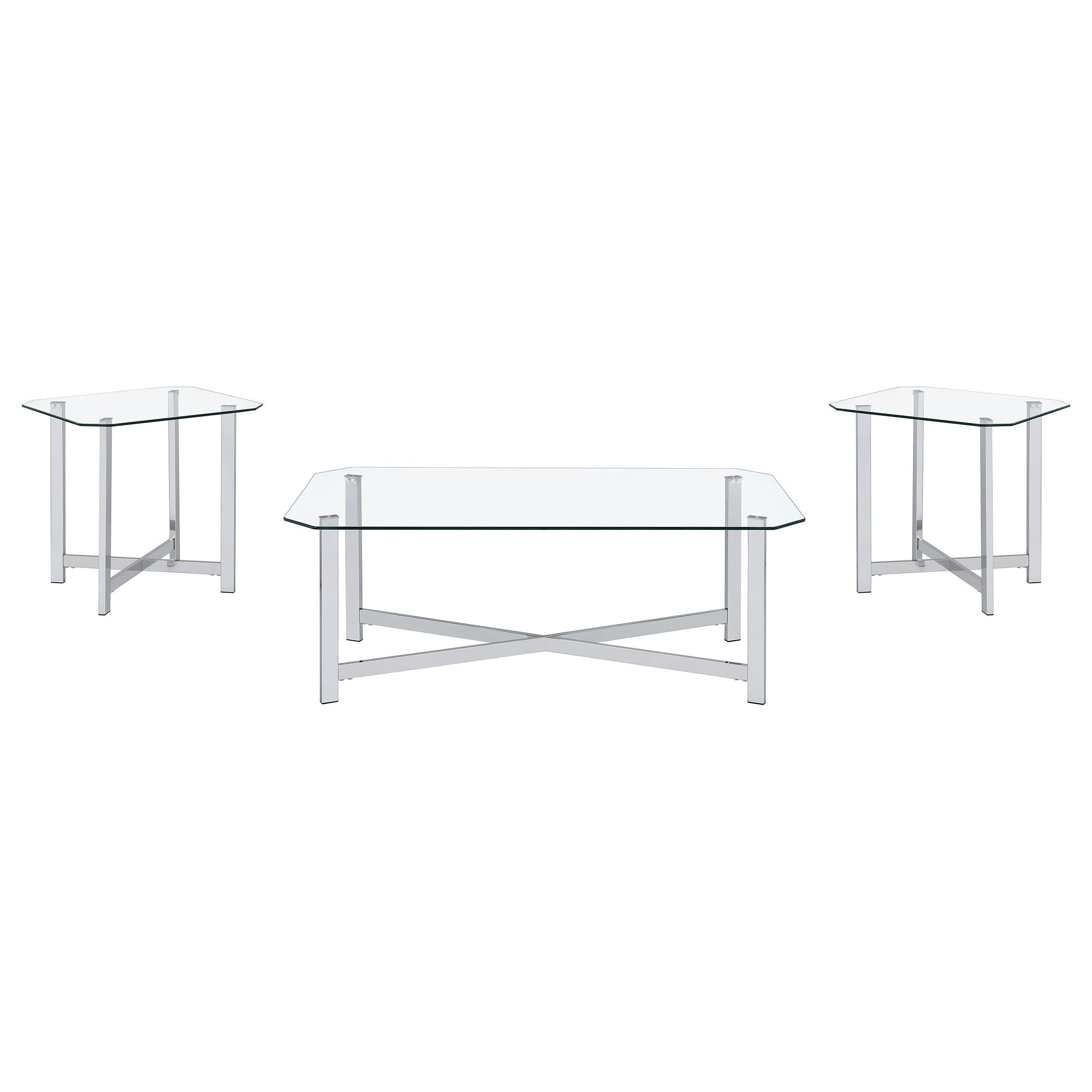  Coaster Furniture Cronin 706568-S3 3-piece Tempered Glass Top Coffee Table Set - Chrome IMAGE 1