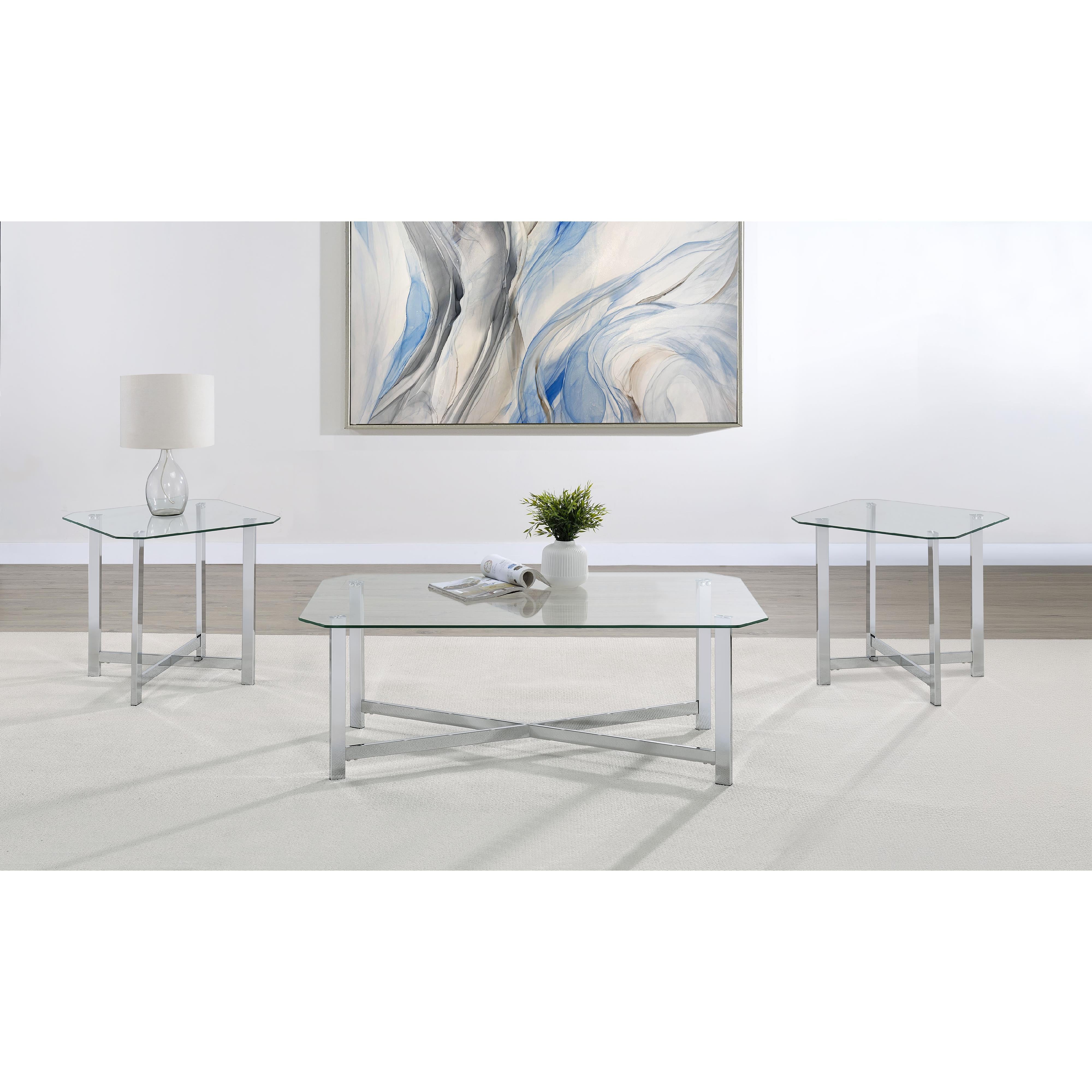  Coaster Furniture Cronin 706568-S3 3-piece Tempered Glass Top Coffee Table Set - Chrome IMAGE 2