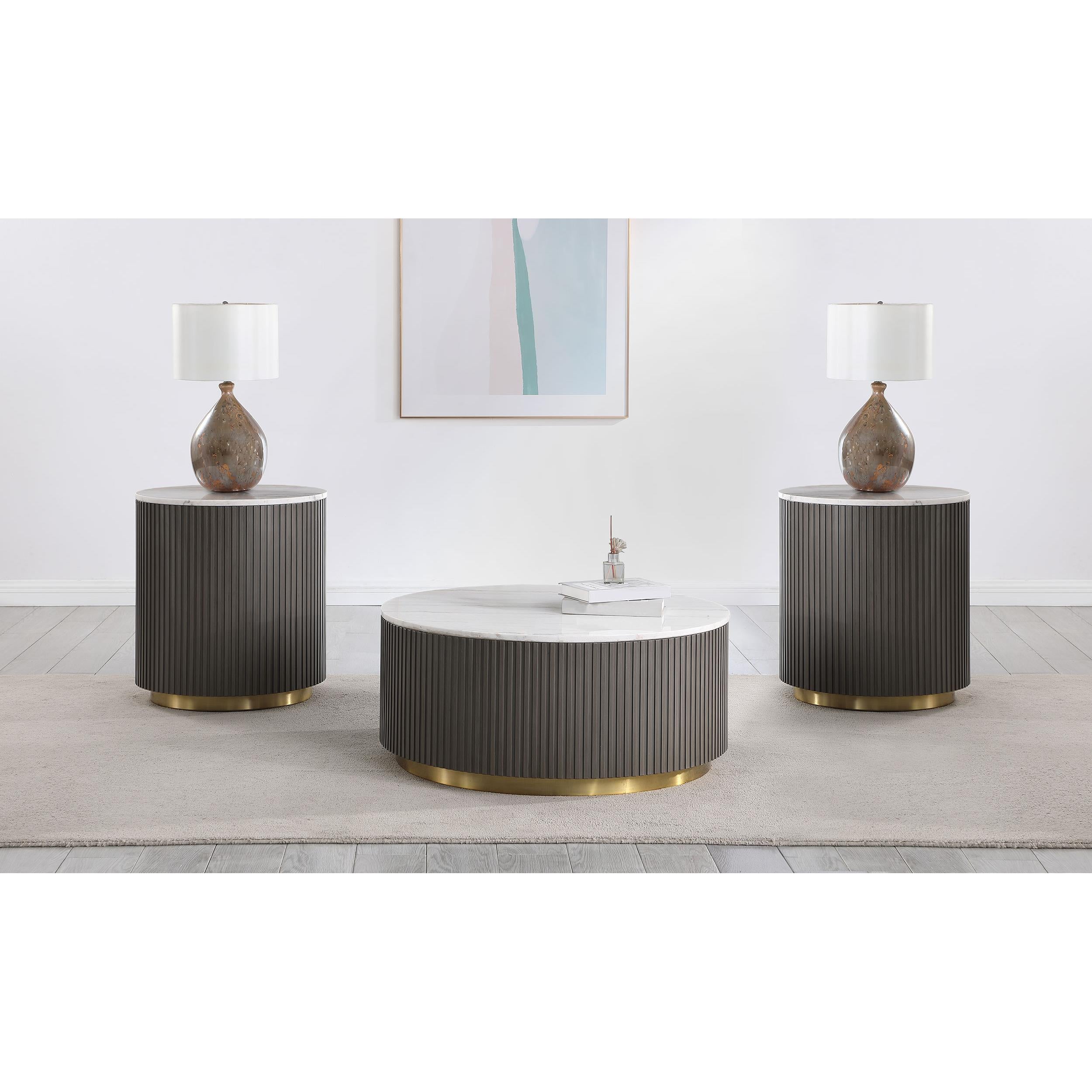  Coaster Furniture Jason 710418-S3 3-piece Round White Marble Coffee Table Set - Charcoal IMAGE 2