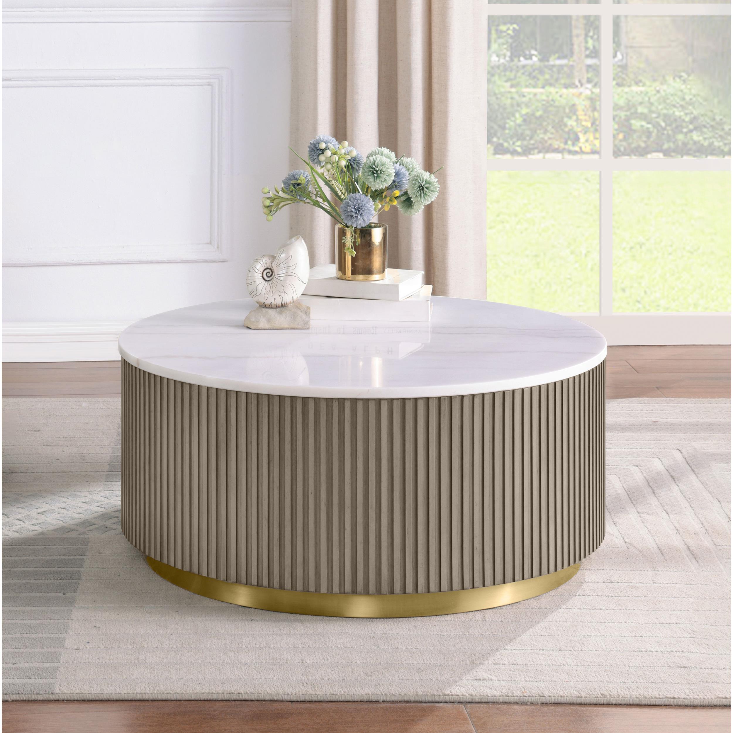  Coaster Furniture Jason 711418 Round White Marble Top Coffee Table - Greige IMAGE 5