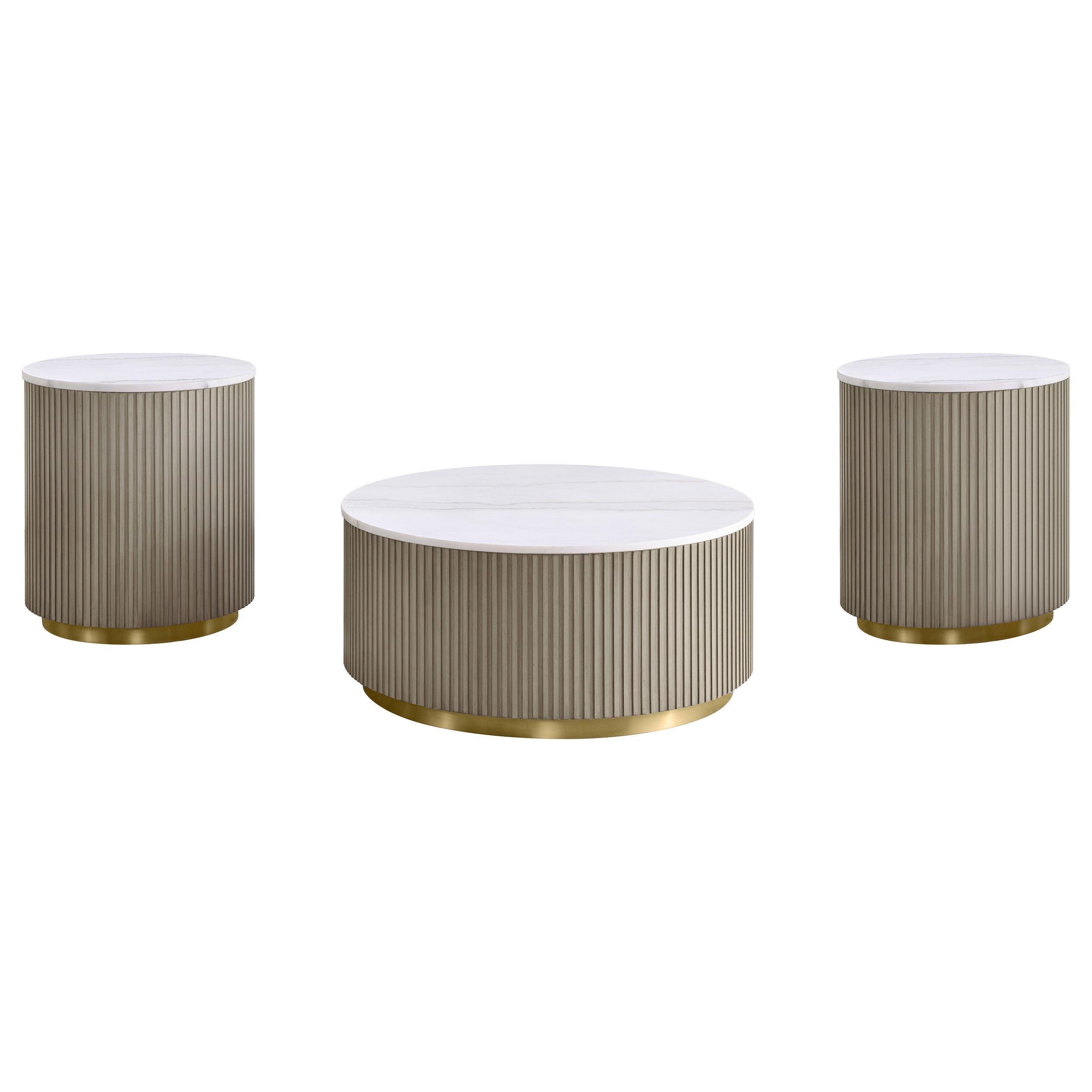  Coaster Furniture Jason 711418-S3 3-piece Round White Marble Coffee Table Set - Greige IMAGE 1