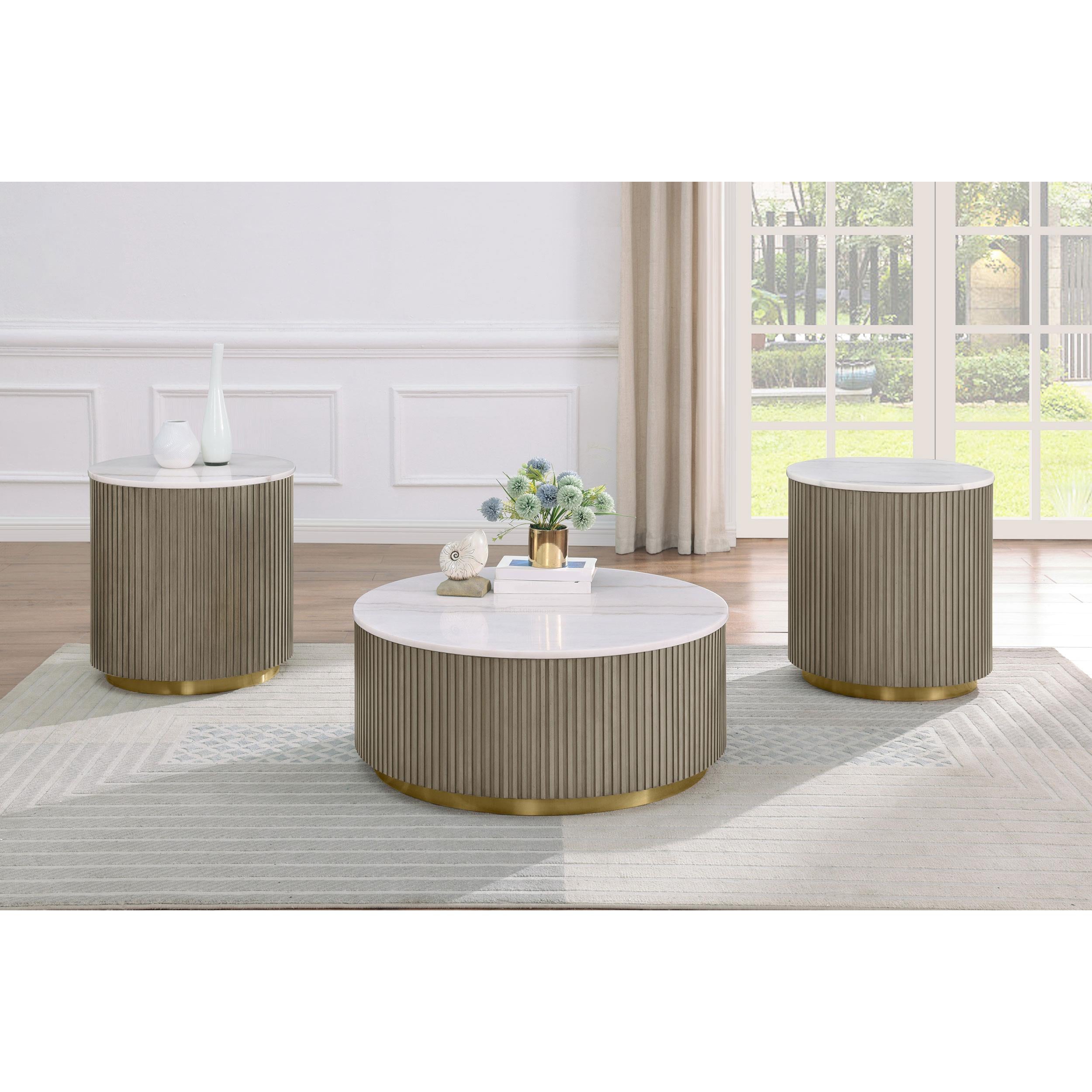  Coaster Furniture Jason 711418-S3 3-piece Round White Marble Coffee Table Set - Greige IMAGE 2