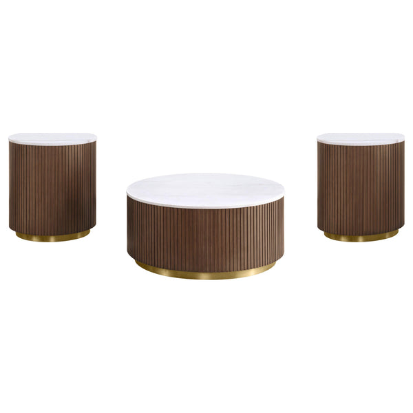 Coaster Furniture Jason 712418-S3 3-piece Round White Marble Coffee Table Set - Honey Brown