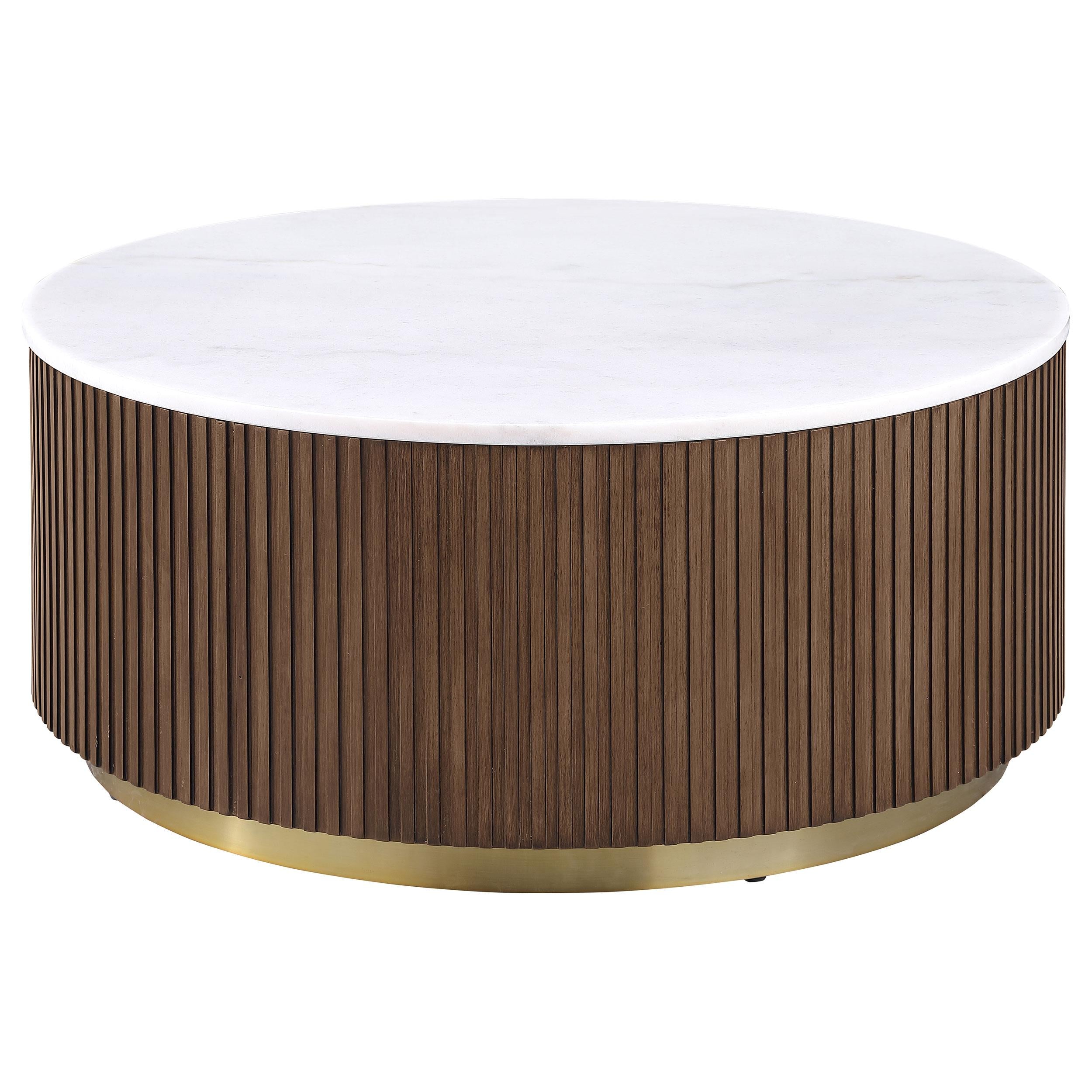  Coaster Furniture Jason 712418-S3 3-piece Round White Marble Coffee Table Set - Honey Brown IMAGE 3