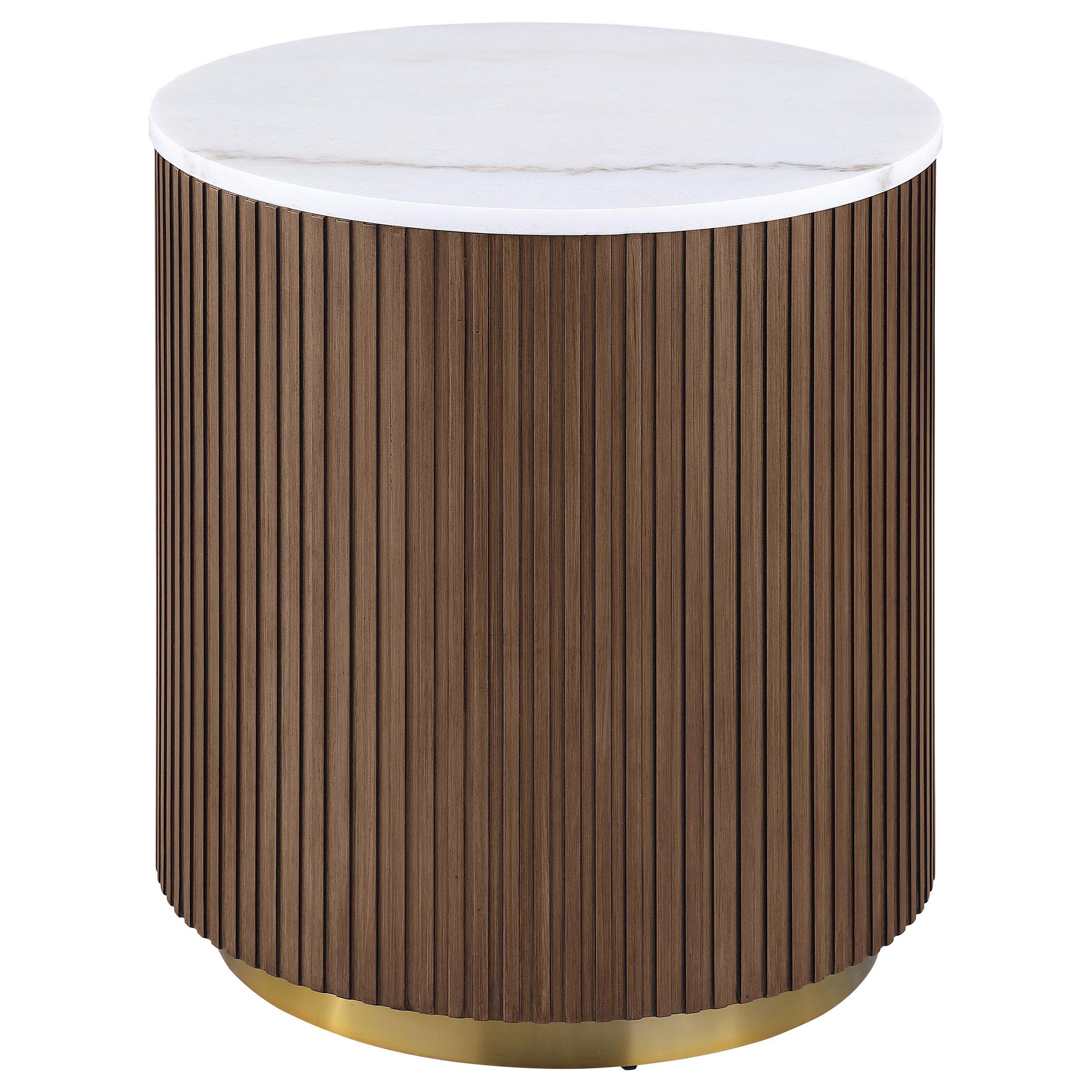  Coaster Furniture Jason 712418-S3 3-piece Round White Marble Coffee Table Set - Honey Brown IMAGE 4
