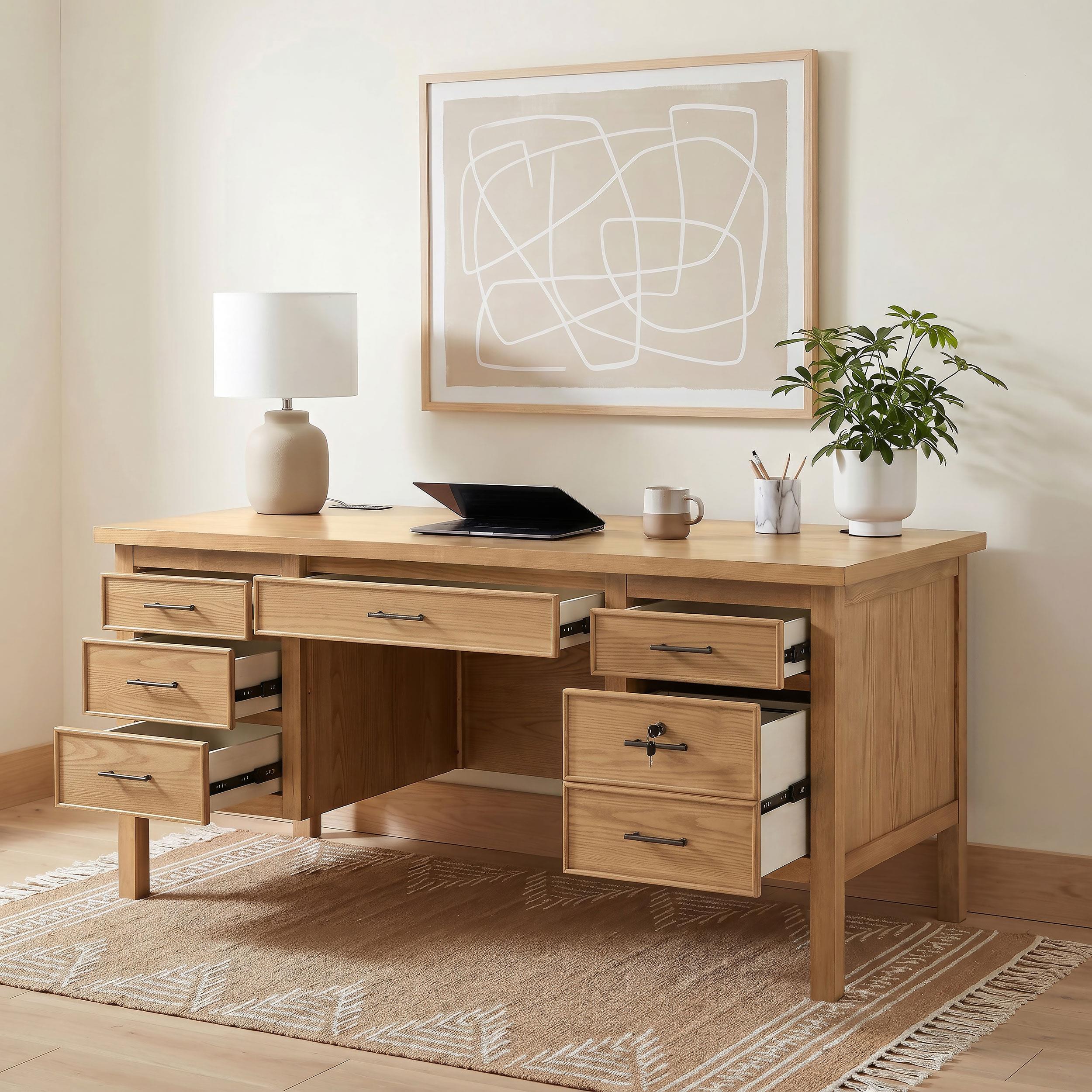 Coaster Furniture Vermes 802062 66-inch 7-drawer Computer Desk with Power Outlet - Light Ash IMAGE 4