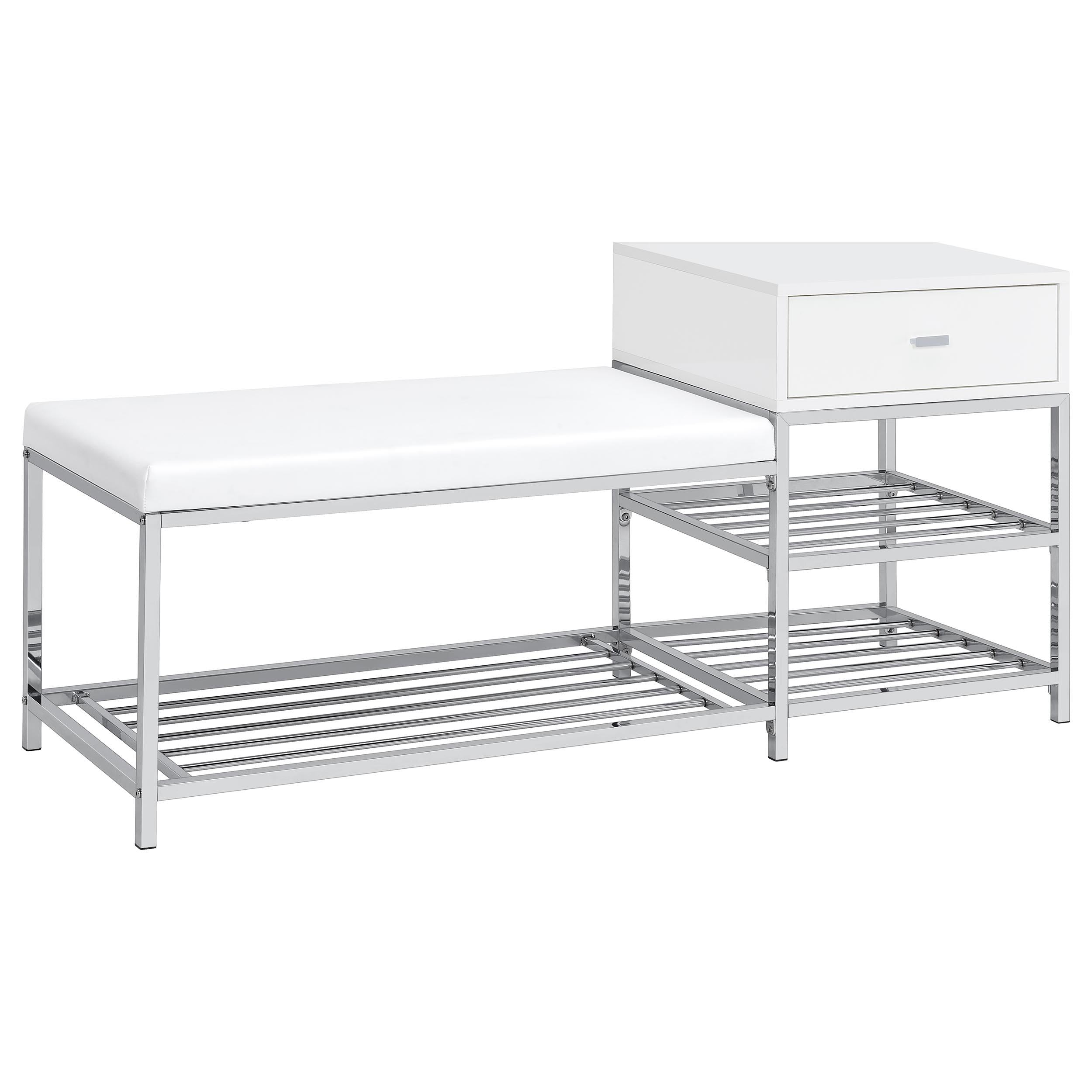 Coaster Furniture Siega 910223 1-Drawer Shoe Storage Entryway Bench - White High Gloss/Chrome IMAGE 1