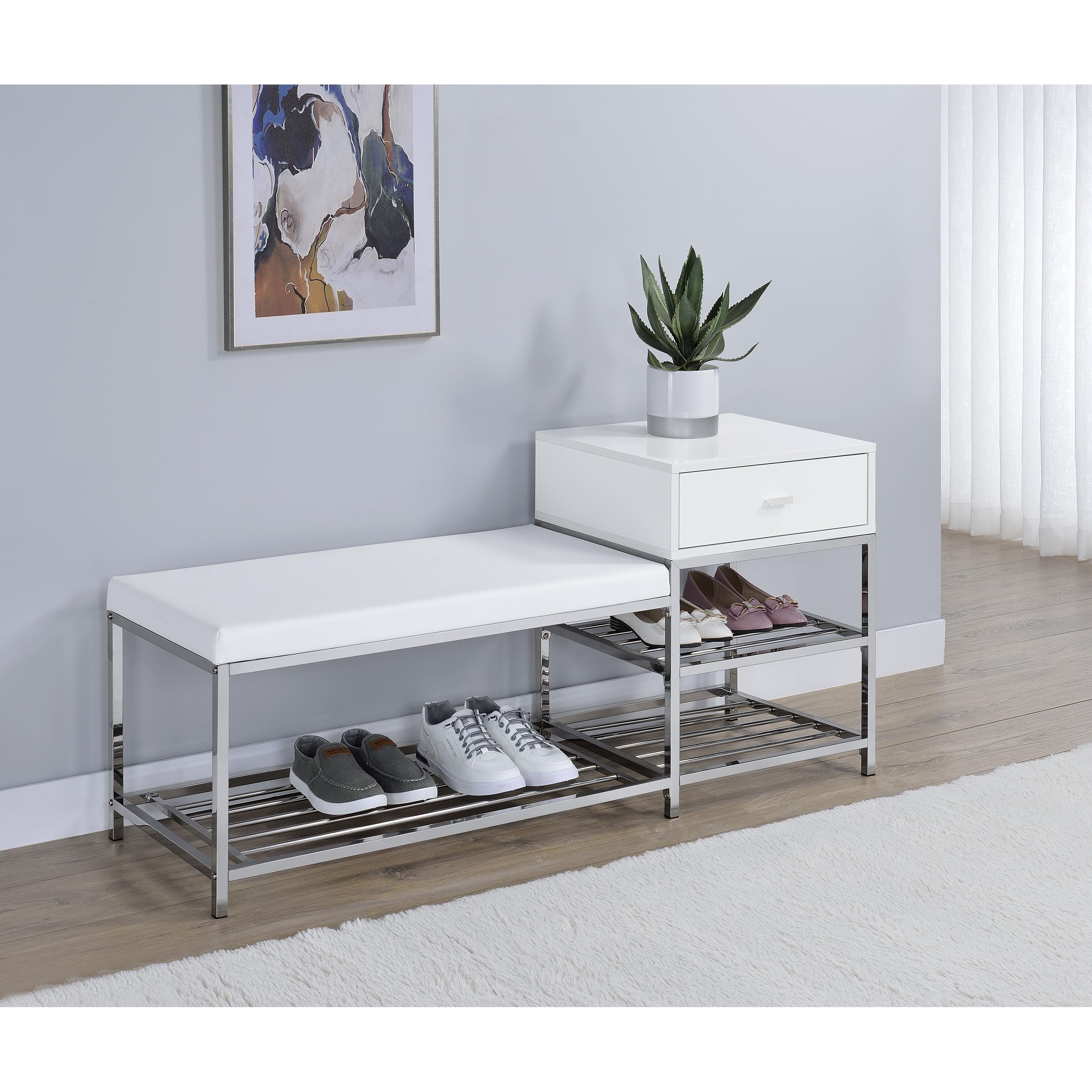  Coaster Furniture Siega 910223 1-Drawer Shoe Storage Entryway Bench - White High Gloss/Chrome IMAGE 6