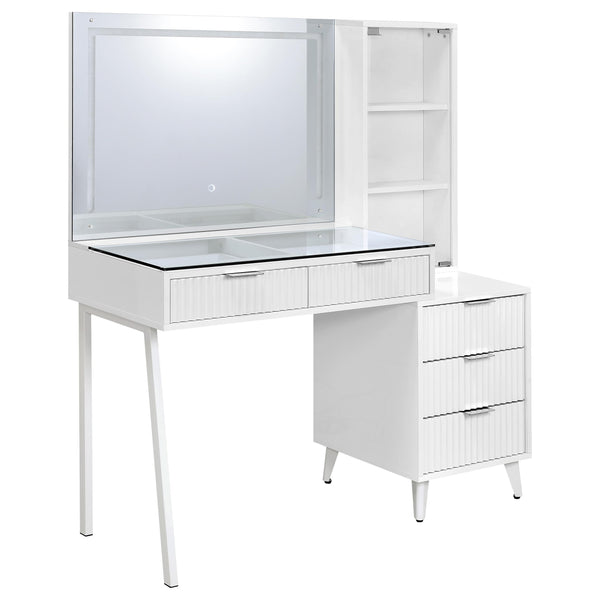 Coaster Furniture Souza 930282 5-Drawer Makeup Vanity Table With LED Mirror - White High Gloss